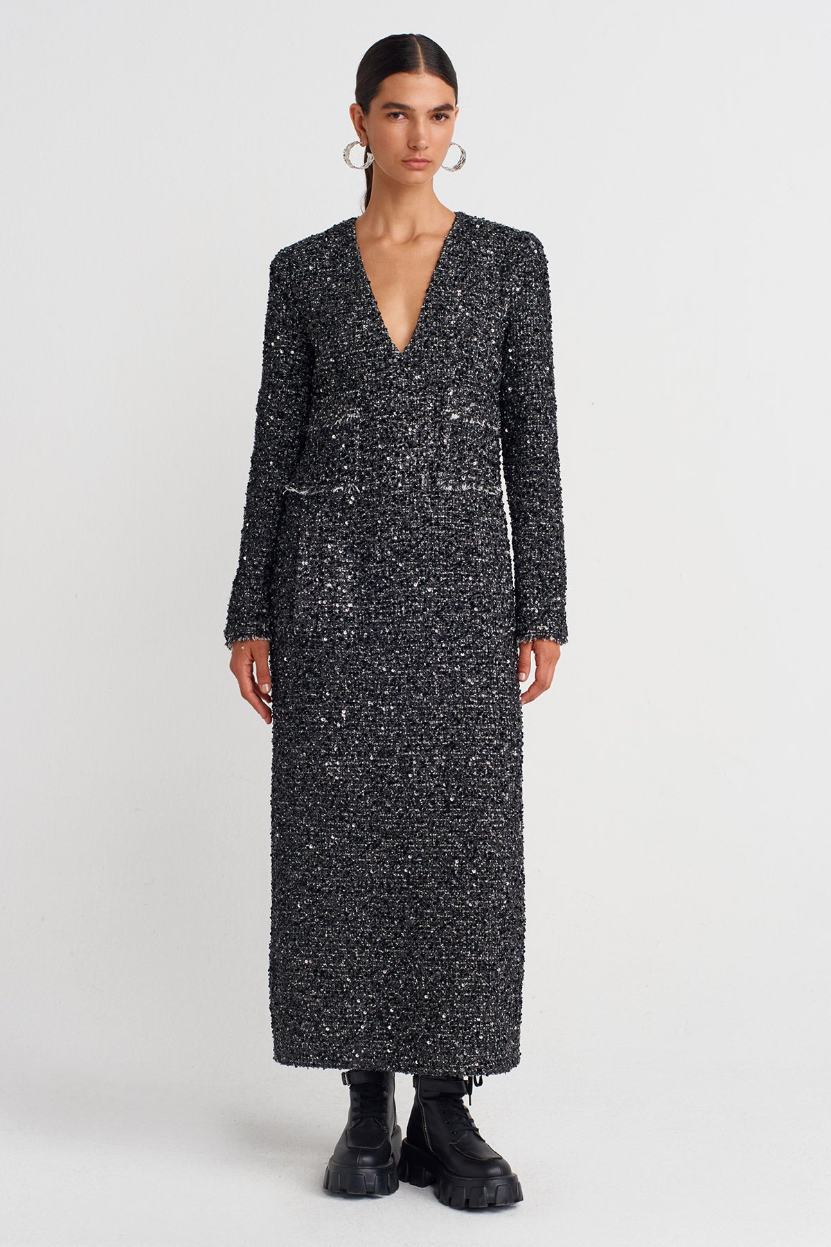 Black/ Off Whıte Shimmery Maxi Dress-K254014078