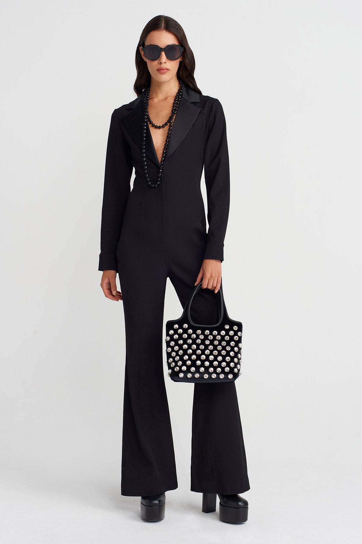 Black Jumpsuit with Jacket Collar-K254014085