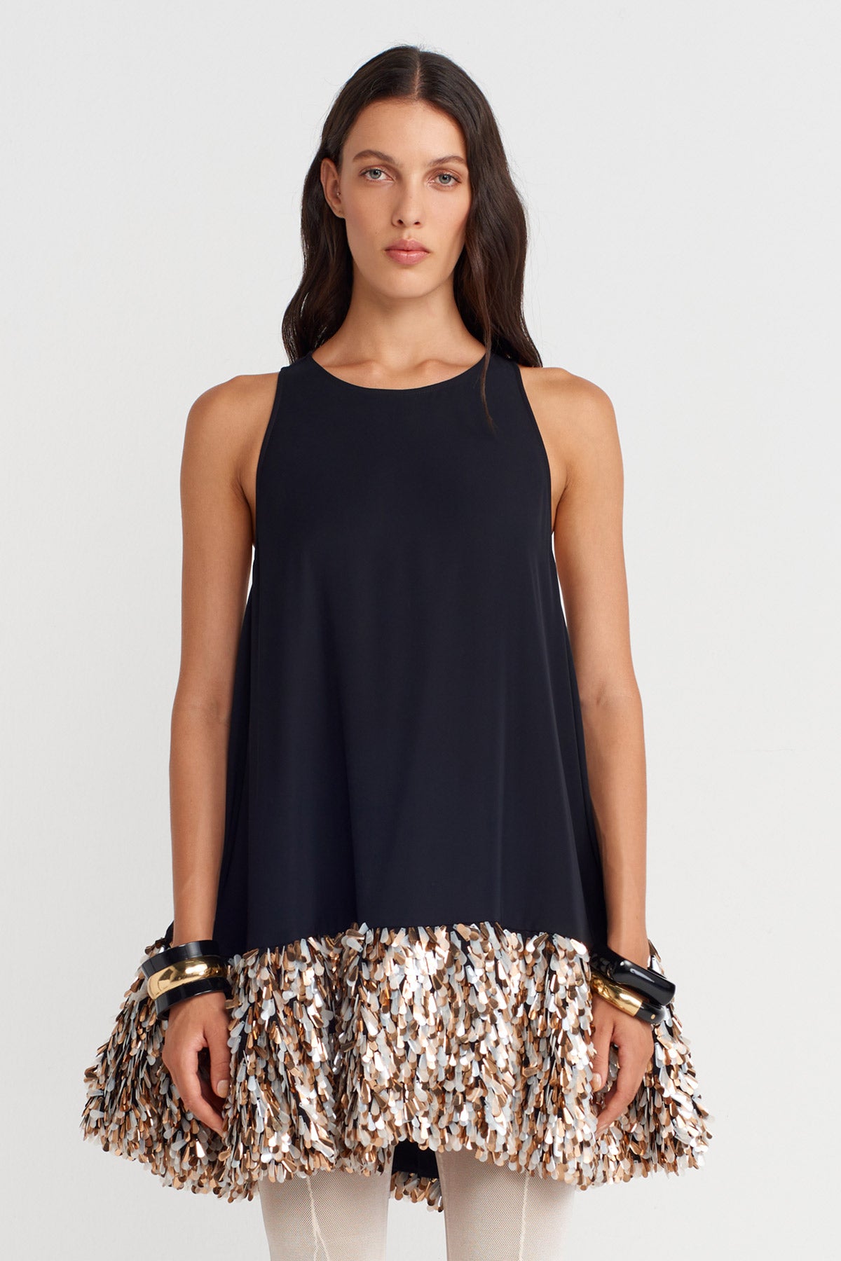 Black Sequined Hem Halter Neck Mini Dress-K254014087