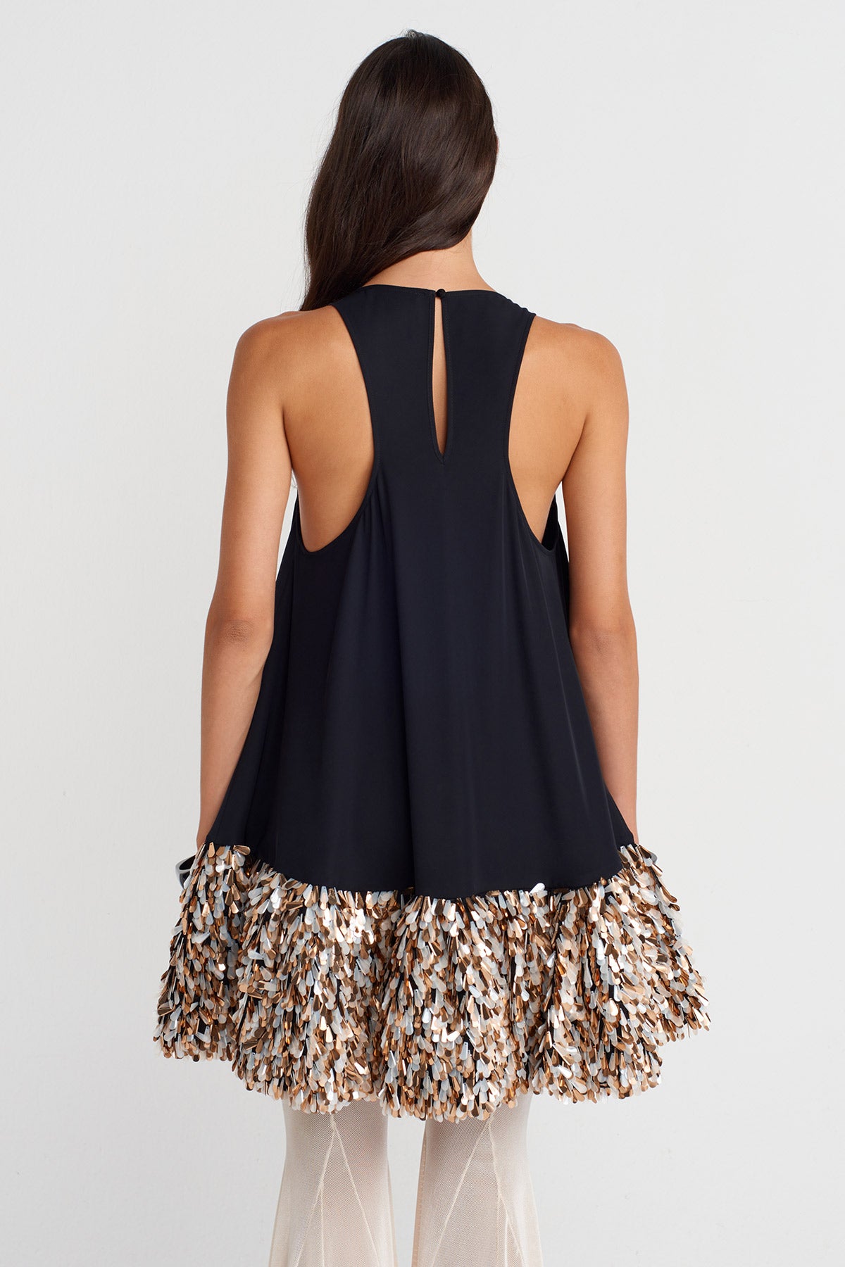 Black Sequined Hem Halter Neck Mini Dress-K254014087