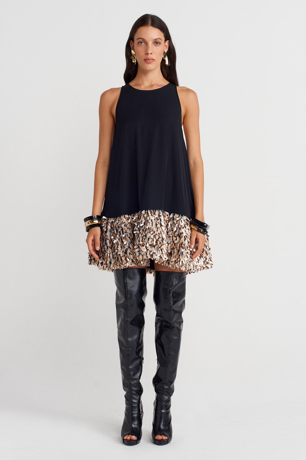 Black Sequined Hem Halter Neck Mini Dress-K254014087