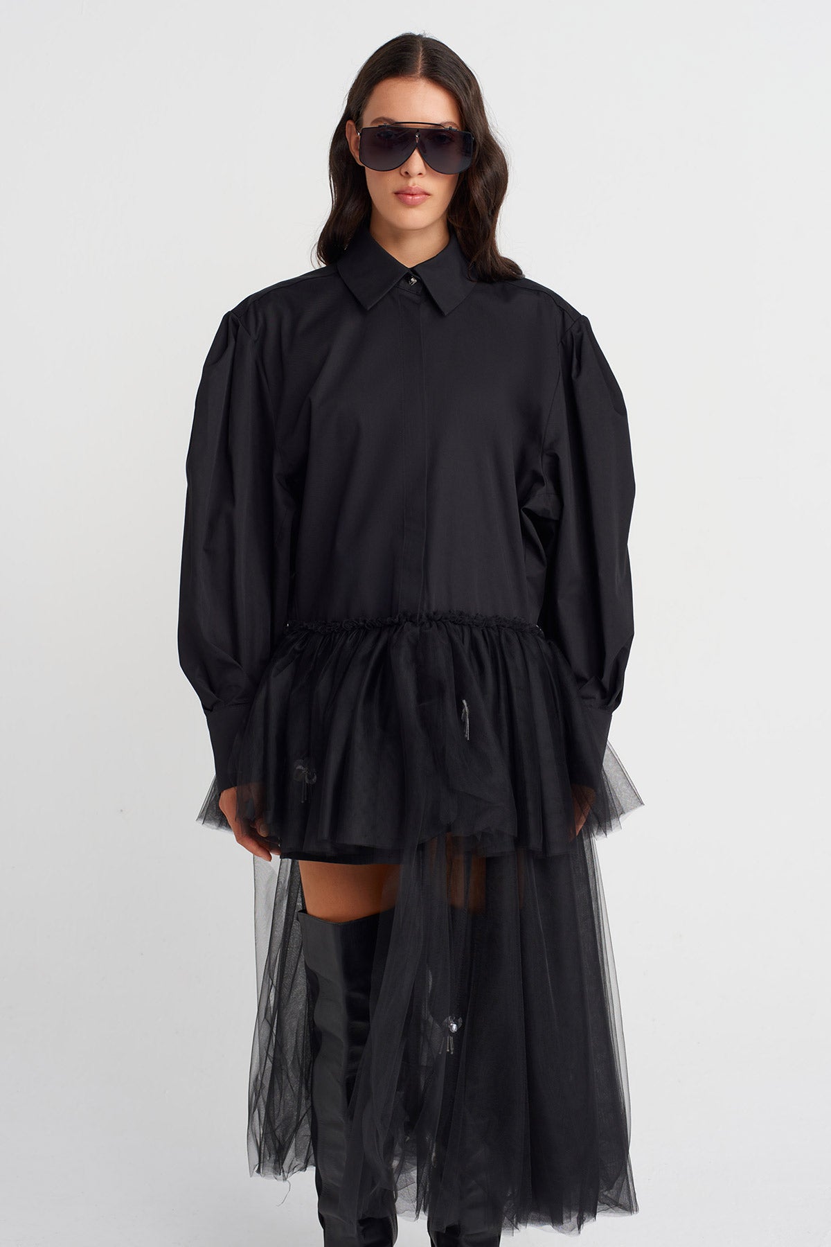 Black Asymmetric Flared Hem Shirt Dress-K254014089