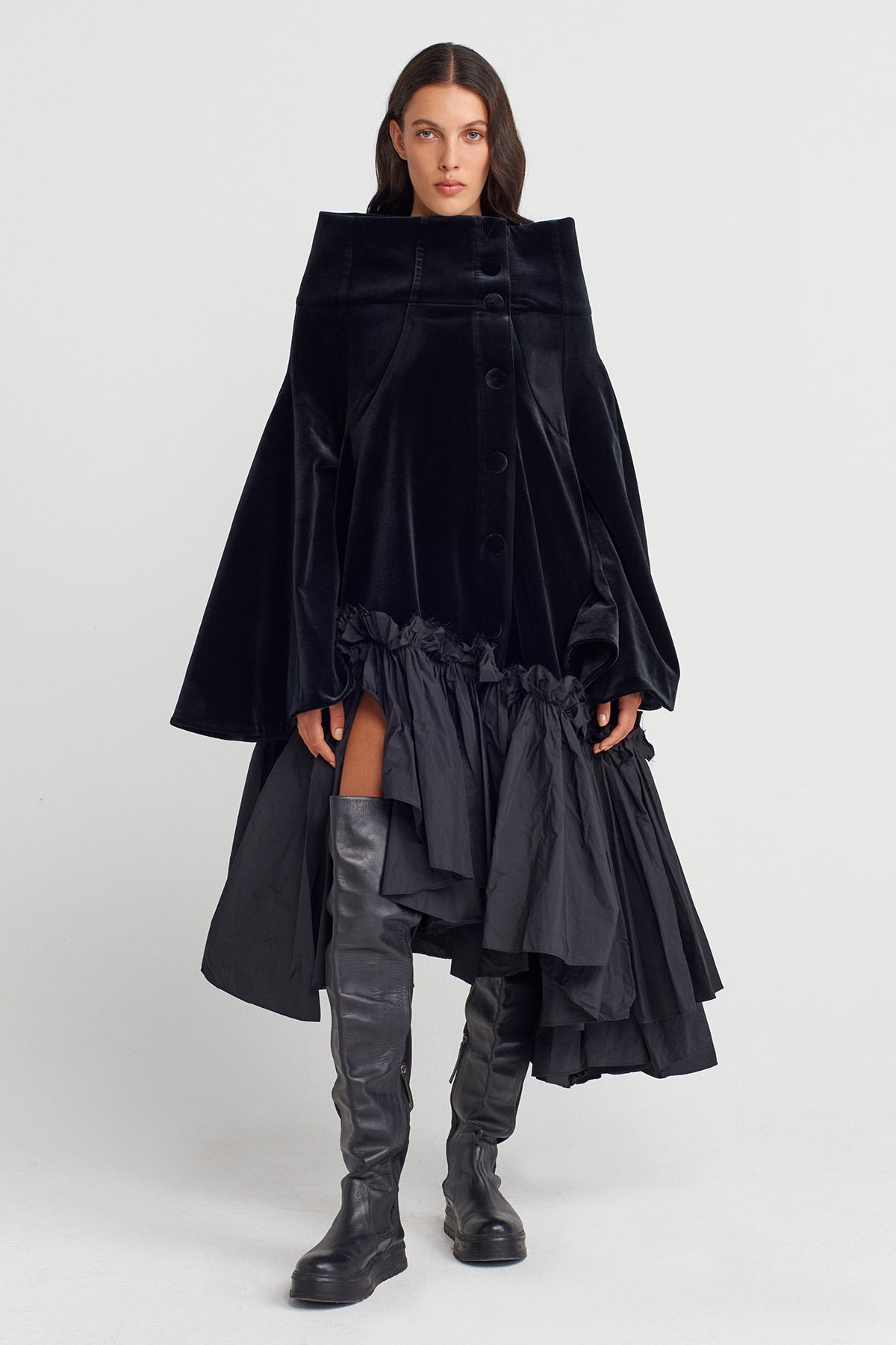 Black Velvet Flared Dress with Wide Stand Collar-K254014090