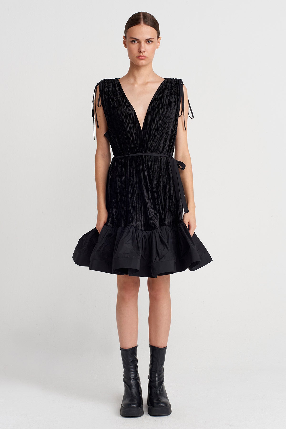 Black Pleated Velvet Mini Dress with Taffeta Hem-K254014093