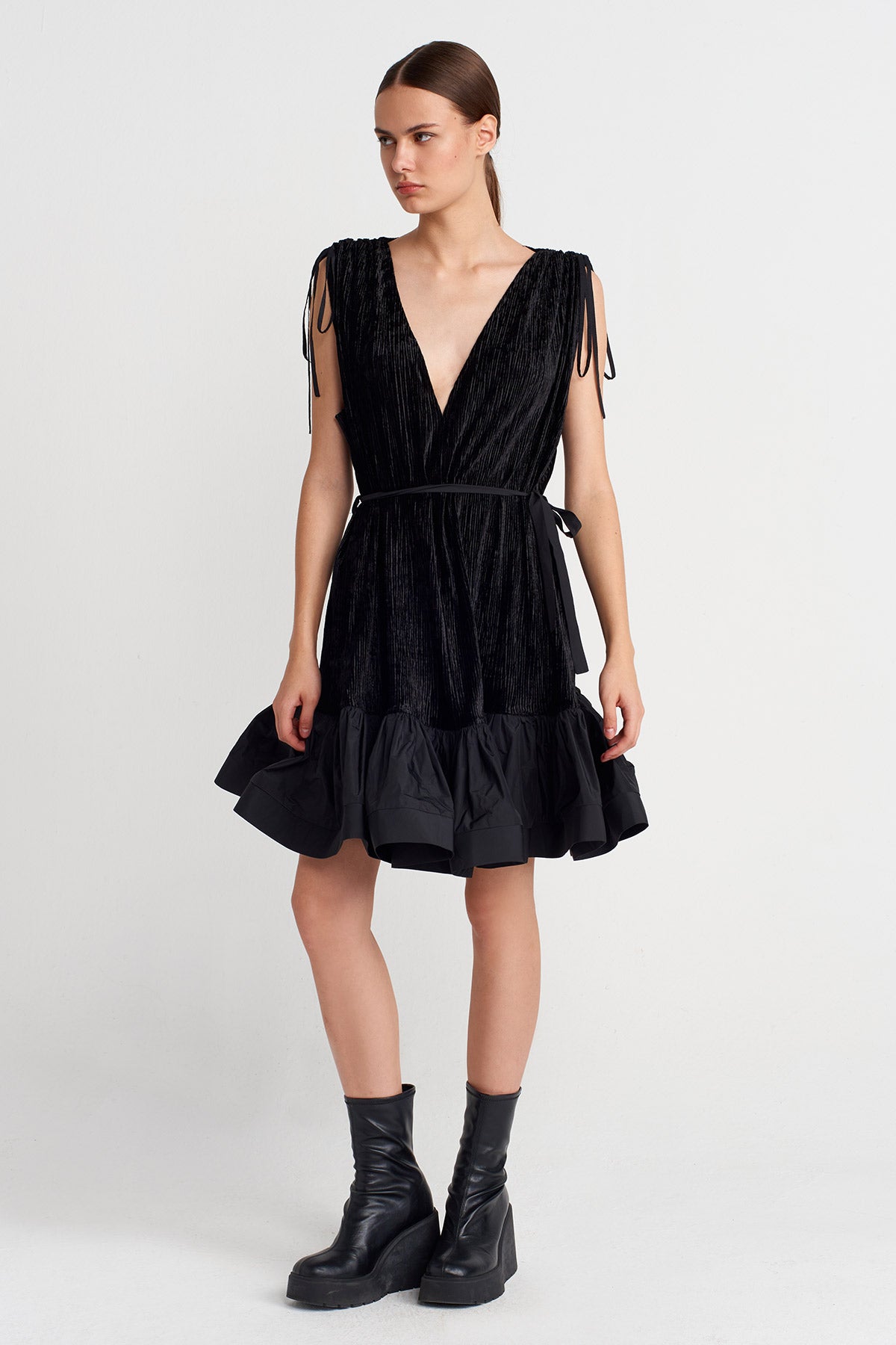 Black Pleated Velvet Mini Dress with Taffeta Hem-K254014093