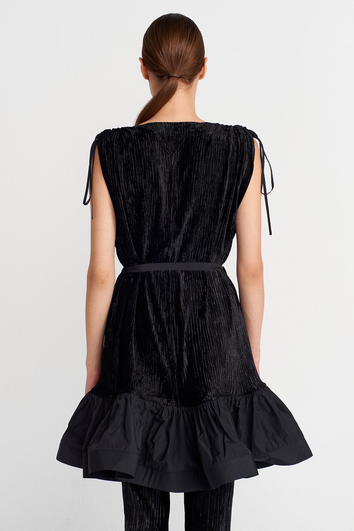 Black Pleated Velvet Mini Dress with Taffeta Hem-K254014093