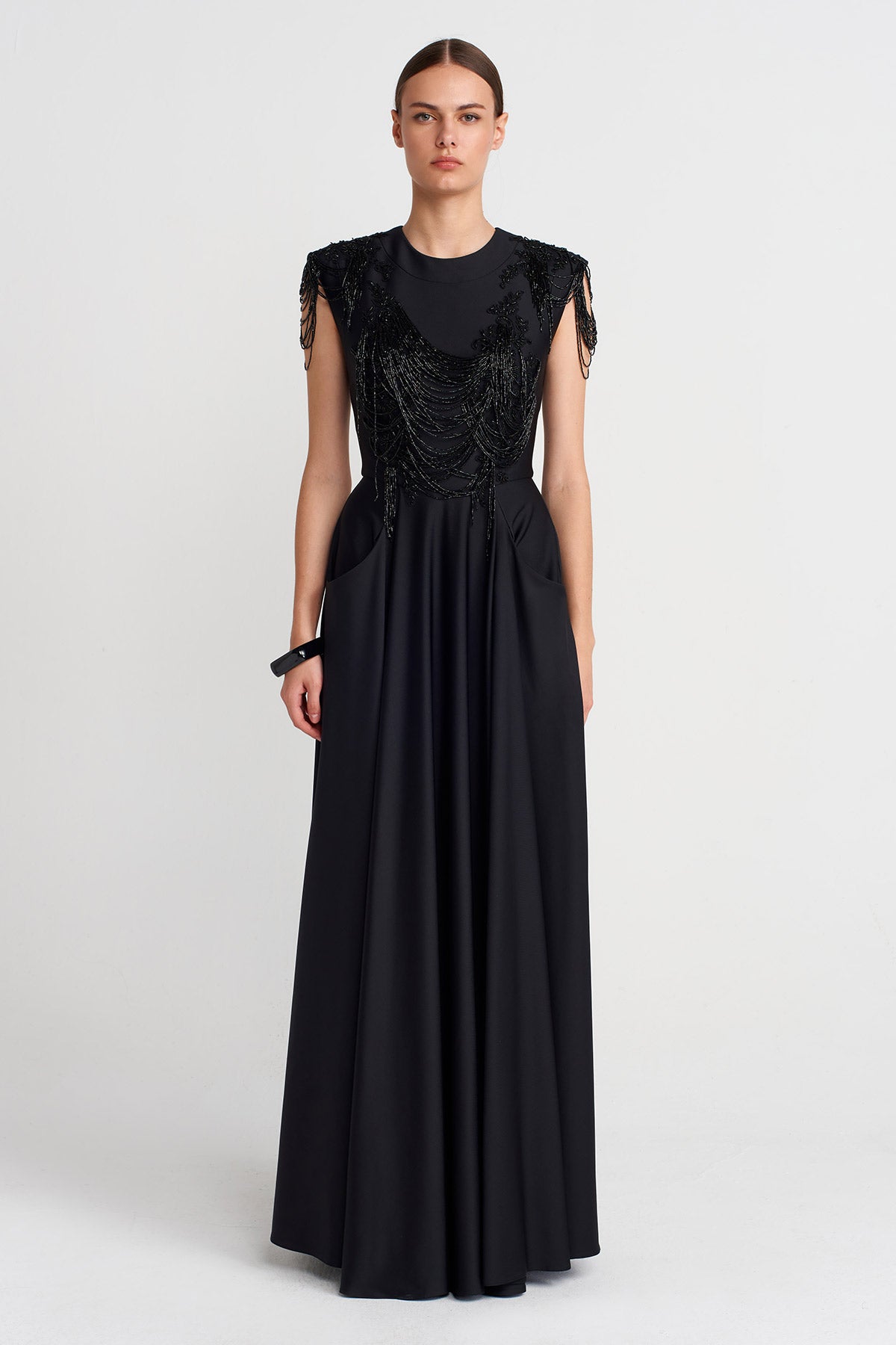 Black Embellished Draped Maxi Dress-K254014094