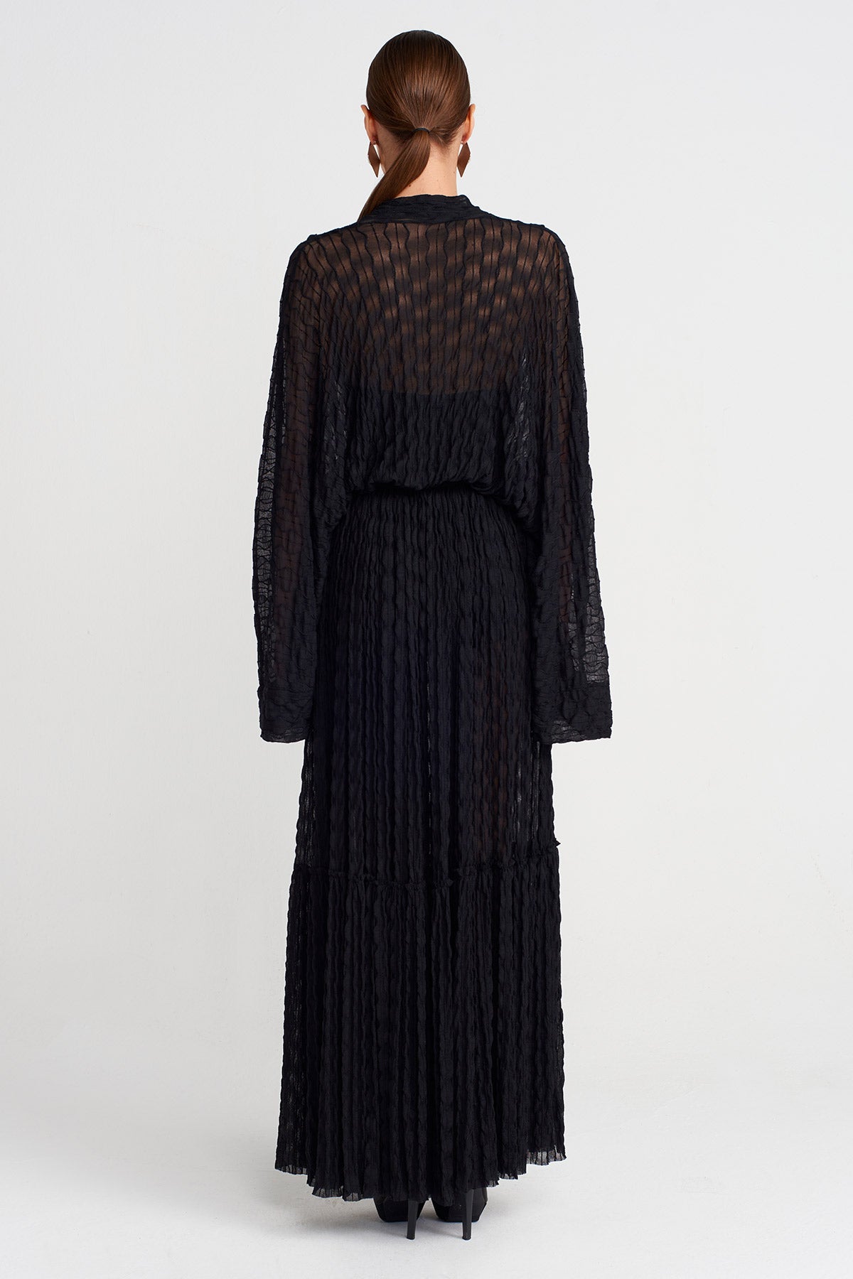 Black Crinkled Texture Long Chiffon Dress-K254014095