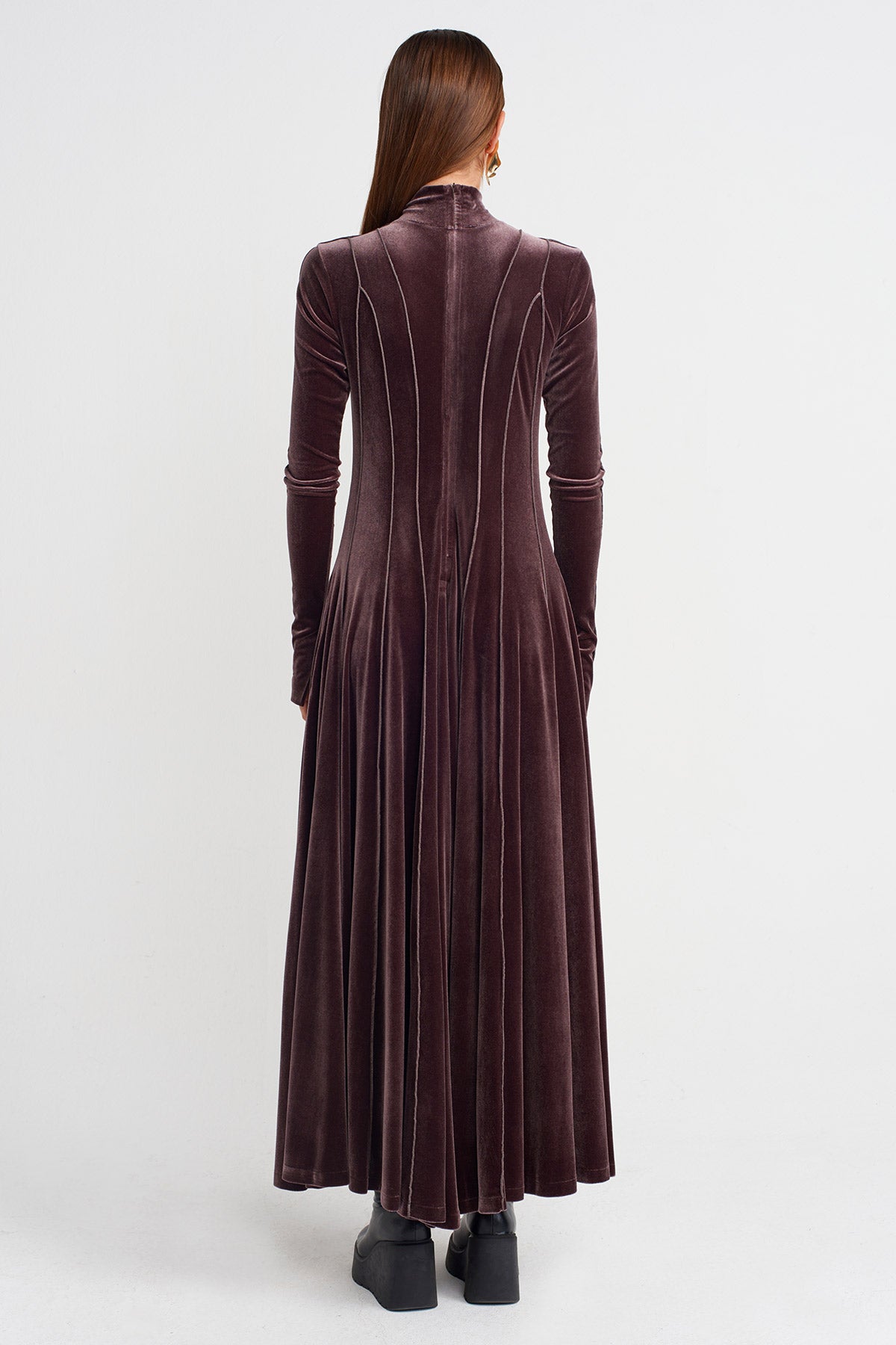 Long Velvet Dress with Seam Detailing-K254014100