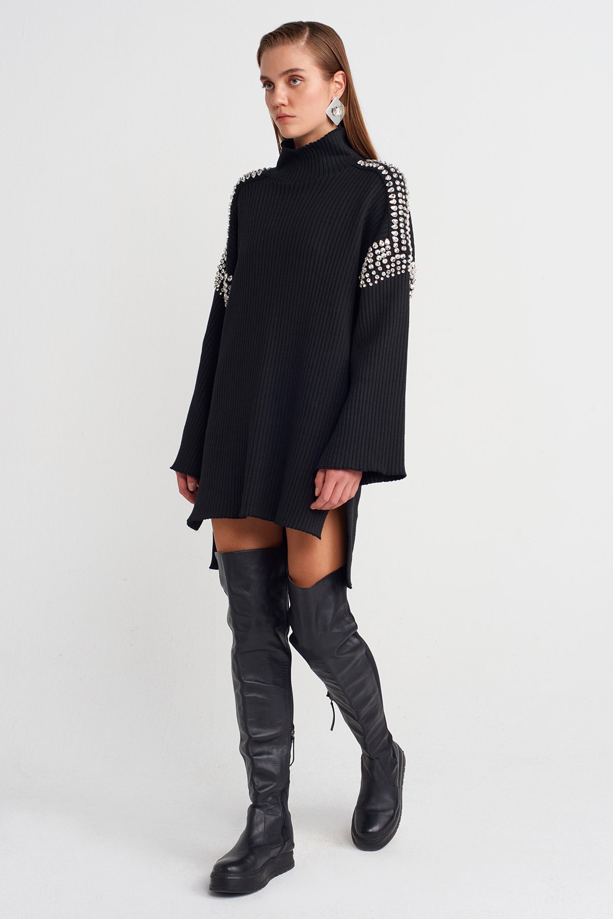 Black Embellished Knit Mini Dress with Shoulder and Sleeve Stone Details-K254014101