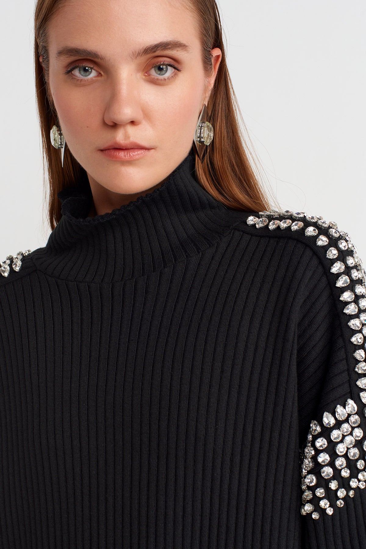 Black Embellished Knit Mini Dress with Shoulder and Sleeve Stone Details-K254014101