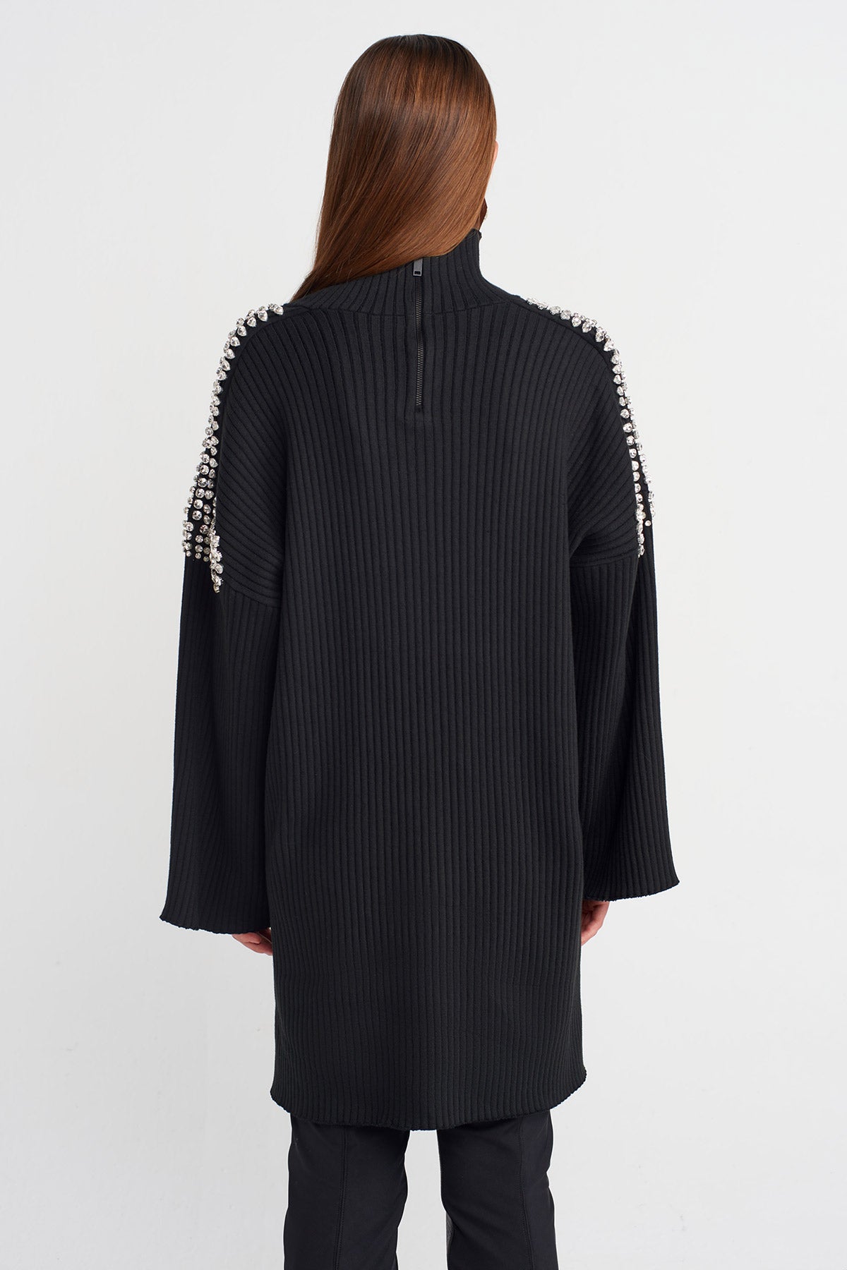 Black Embellished Knit Mini Dress with Shoulder and Sleeve Stone Details-K254014101