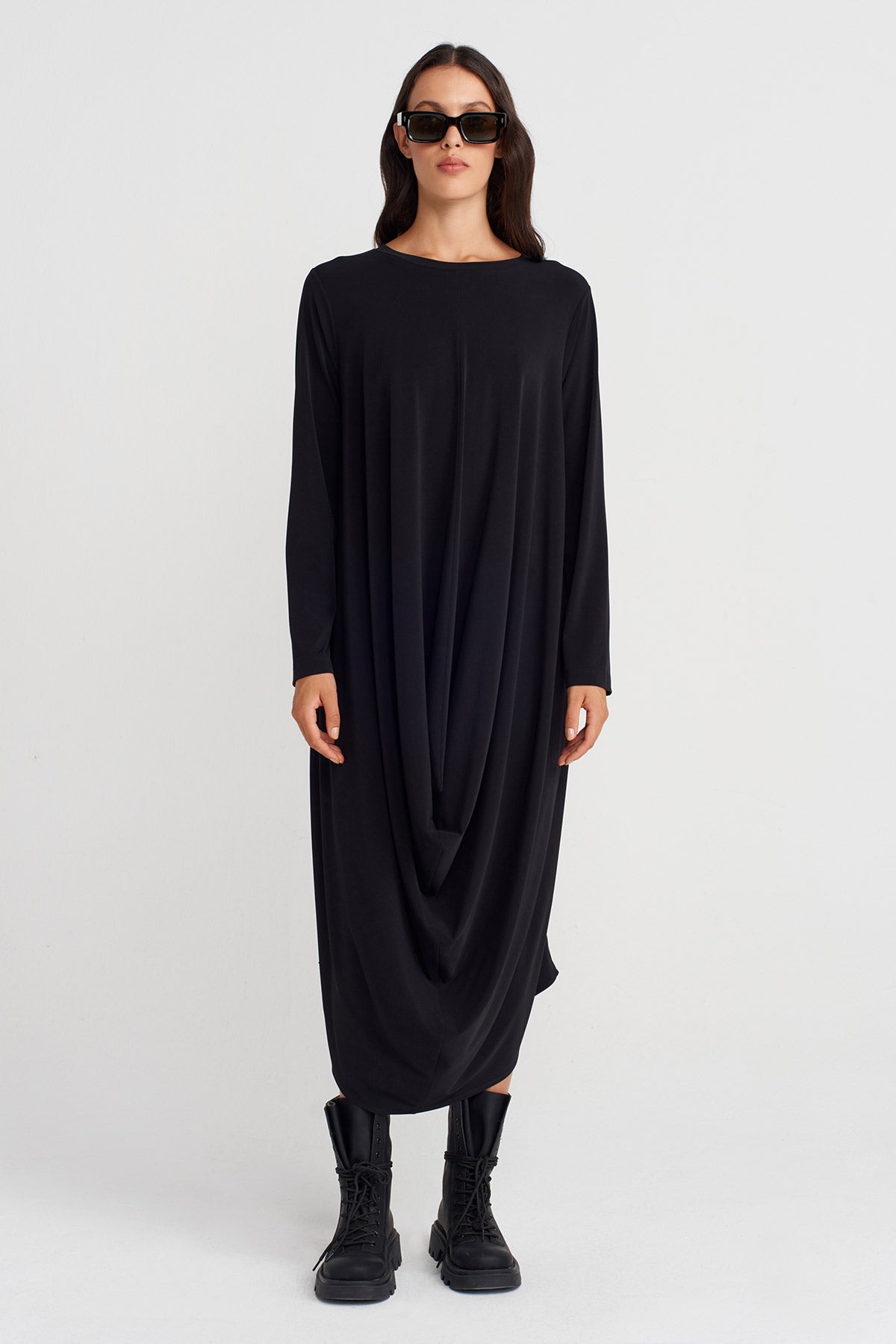 Black Draped Front High-Low Jersey Dress-K254014103