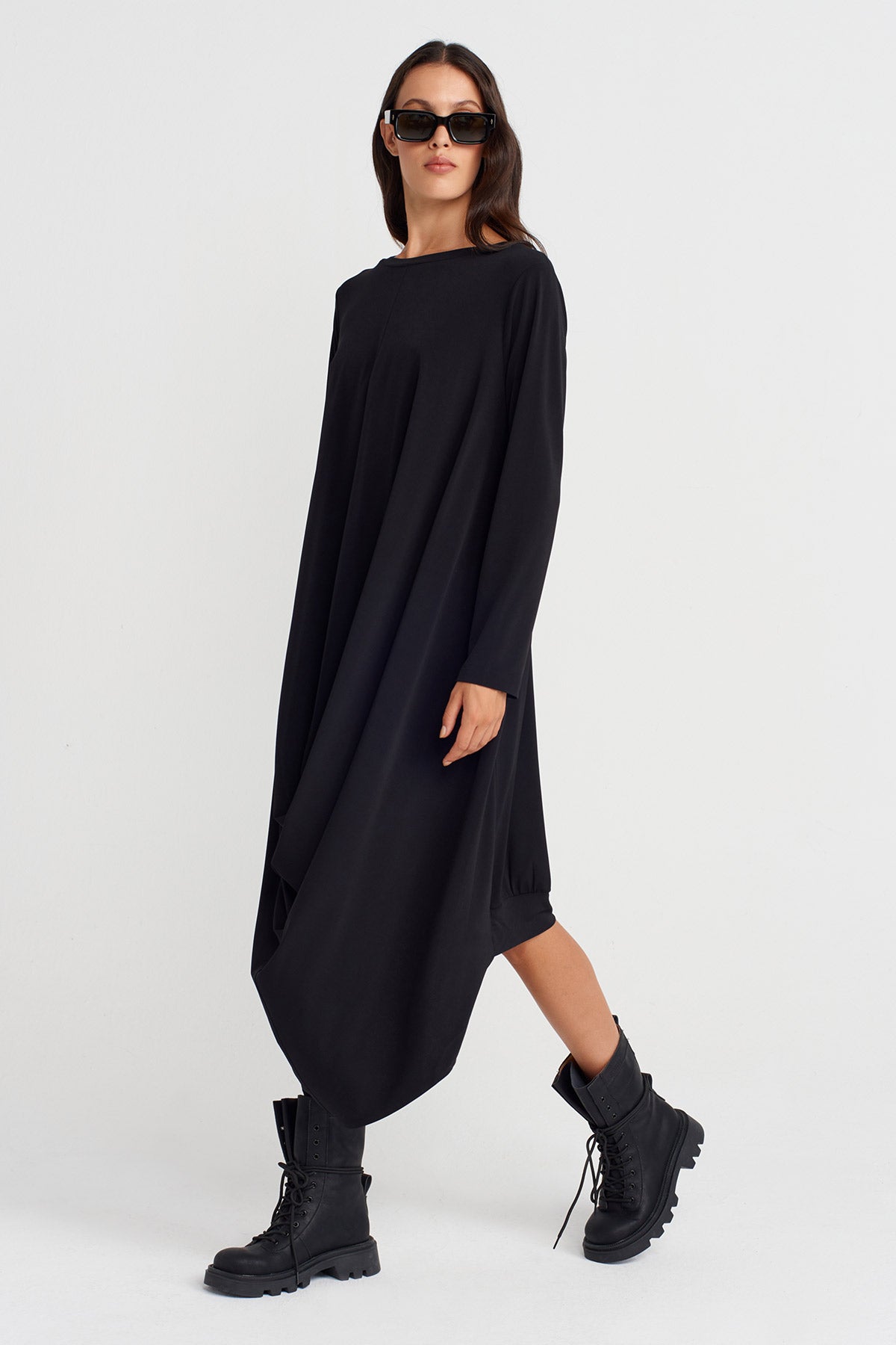 Black Draped Front High-Low Jersey Dress-K254014103