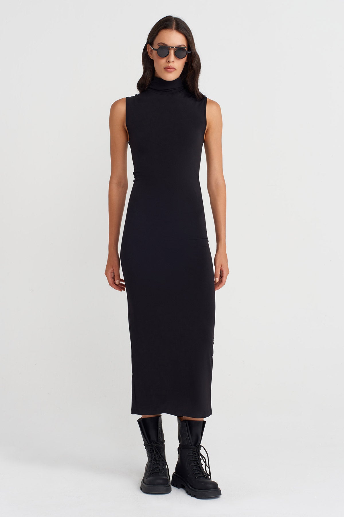 Black Turtleneck Long Jersey Dress-K254014104