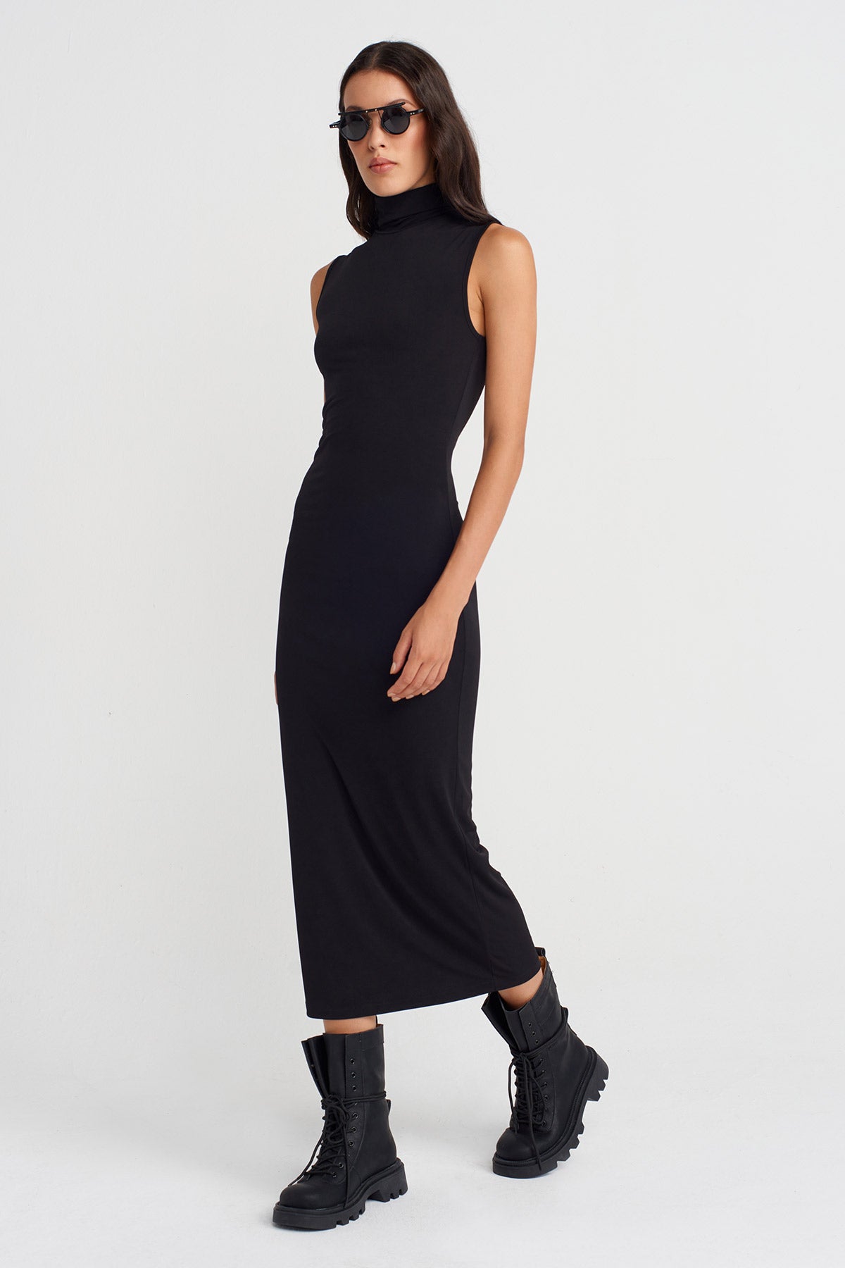 Black Turtleneck Long Jersey Dress-K254014104