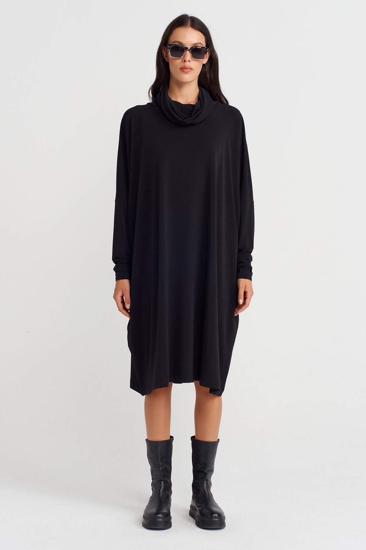 Black Oversized Jersey Dress with Draped Neckline-K254014105