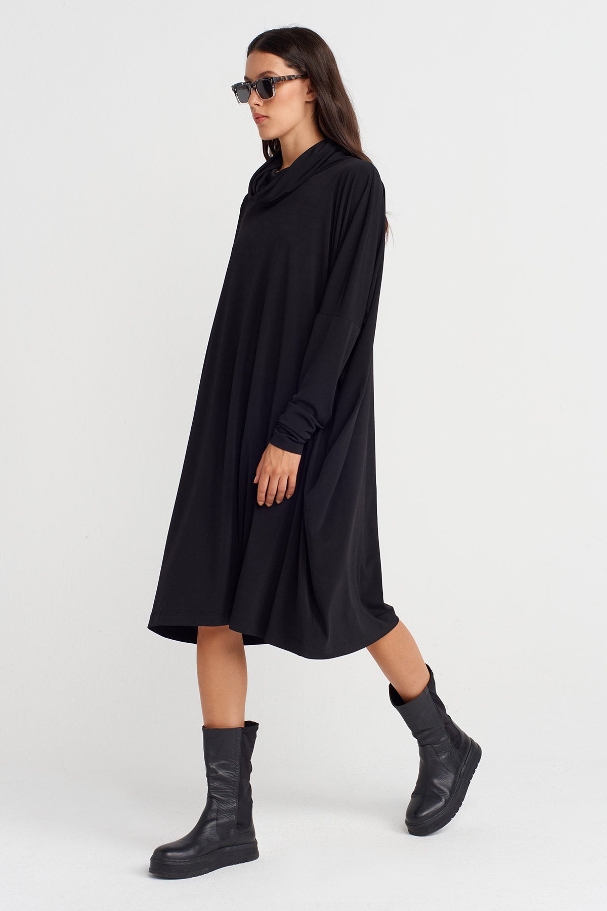 Black Oversized Jersey Dress with Draped Neckline-K254014105