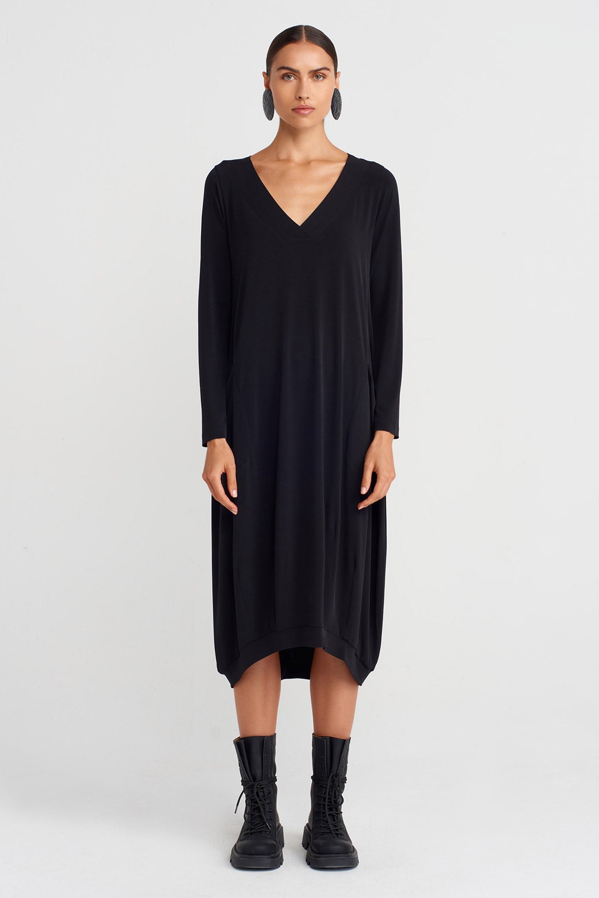 Black V-Neck Jersey Dress-K254014106