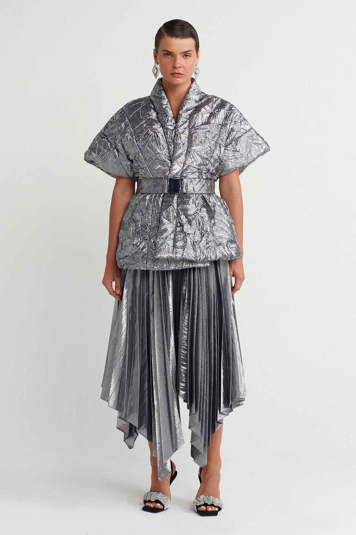 Silver Padded Pleated Kimono Vest-K255015009