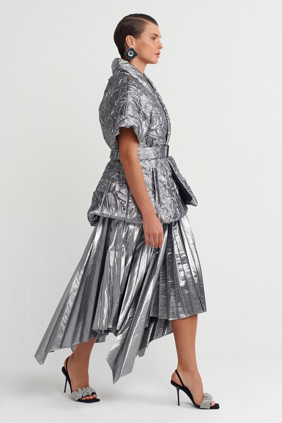 Silver Padded Pleated Kimono Vest-K255015009