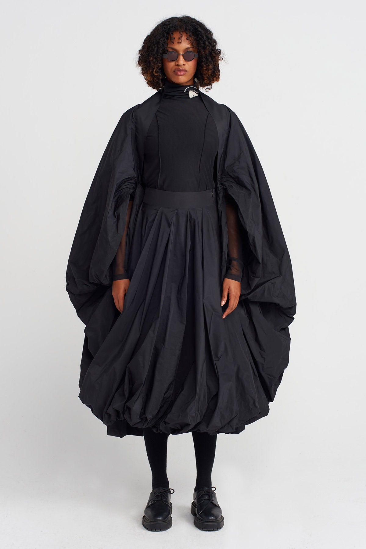 Black Taffeta Balloon Cape-K255015017