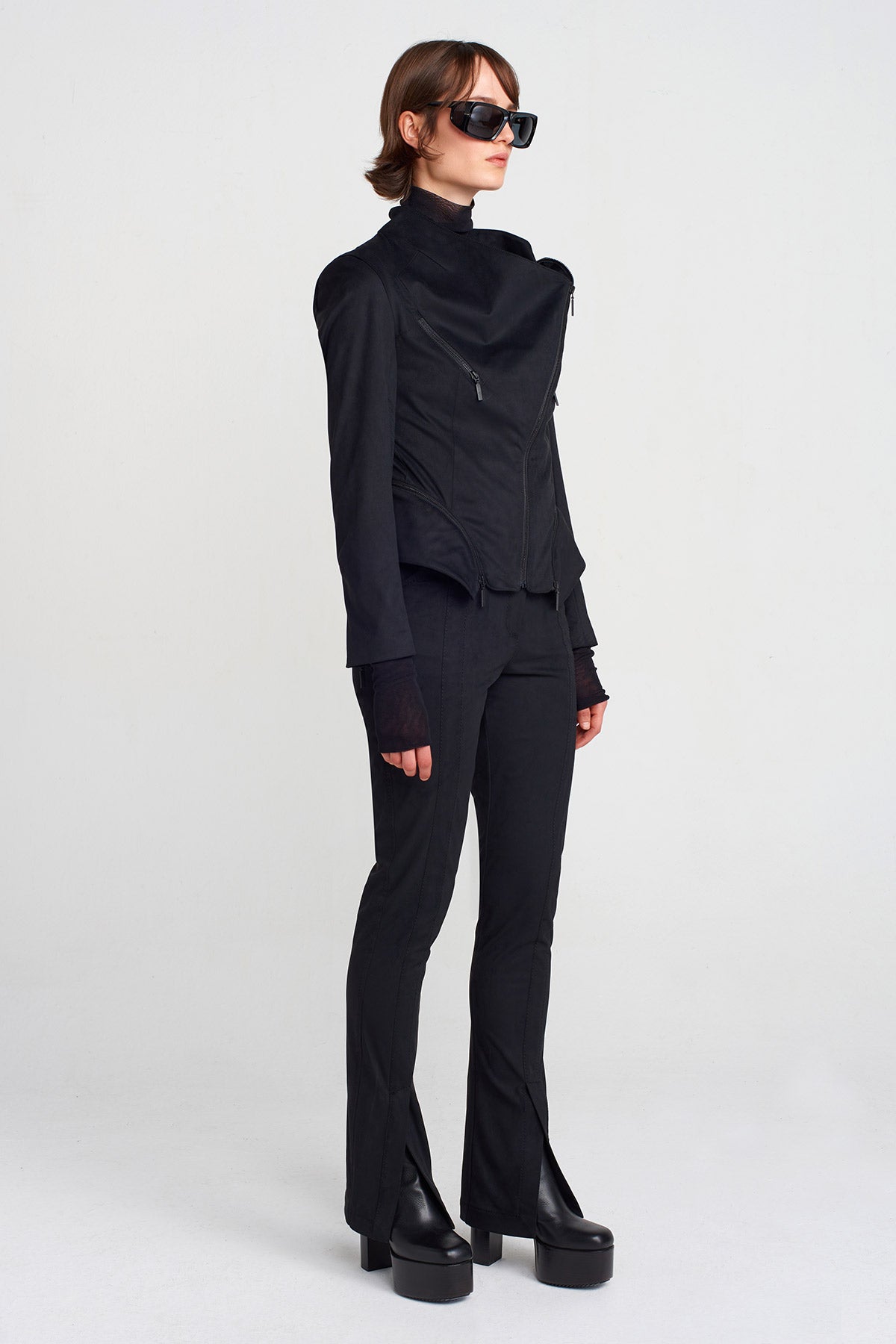 Black Suede Jacket with Zipper Details-K255015026