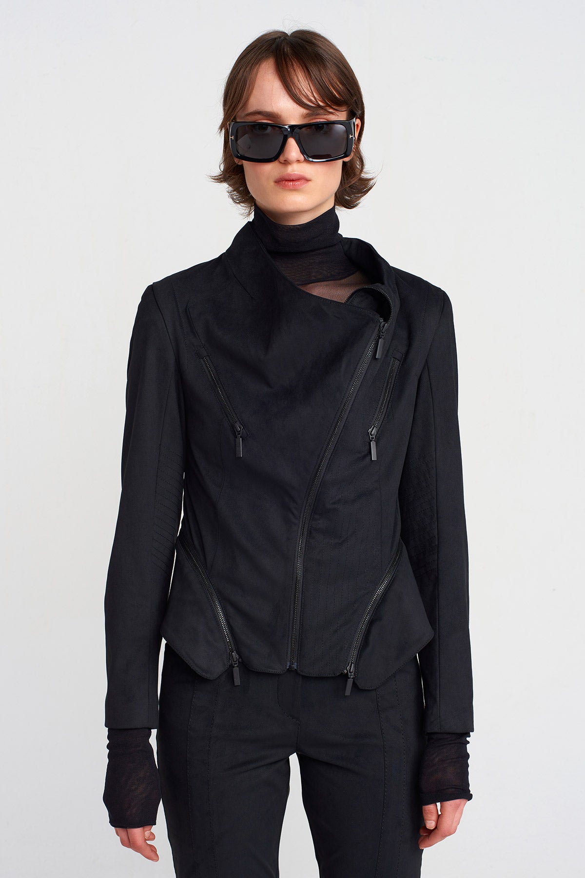 Black Suede Jacket with Zipper Details-K255015026