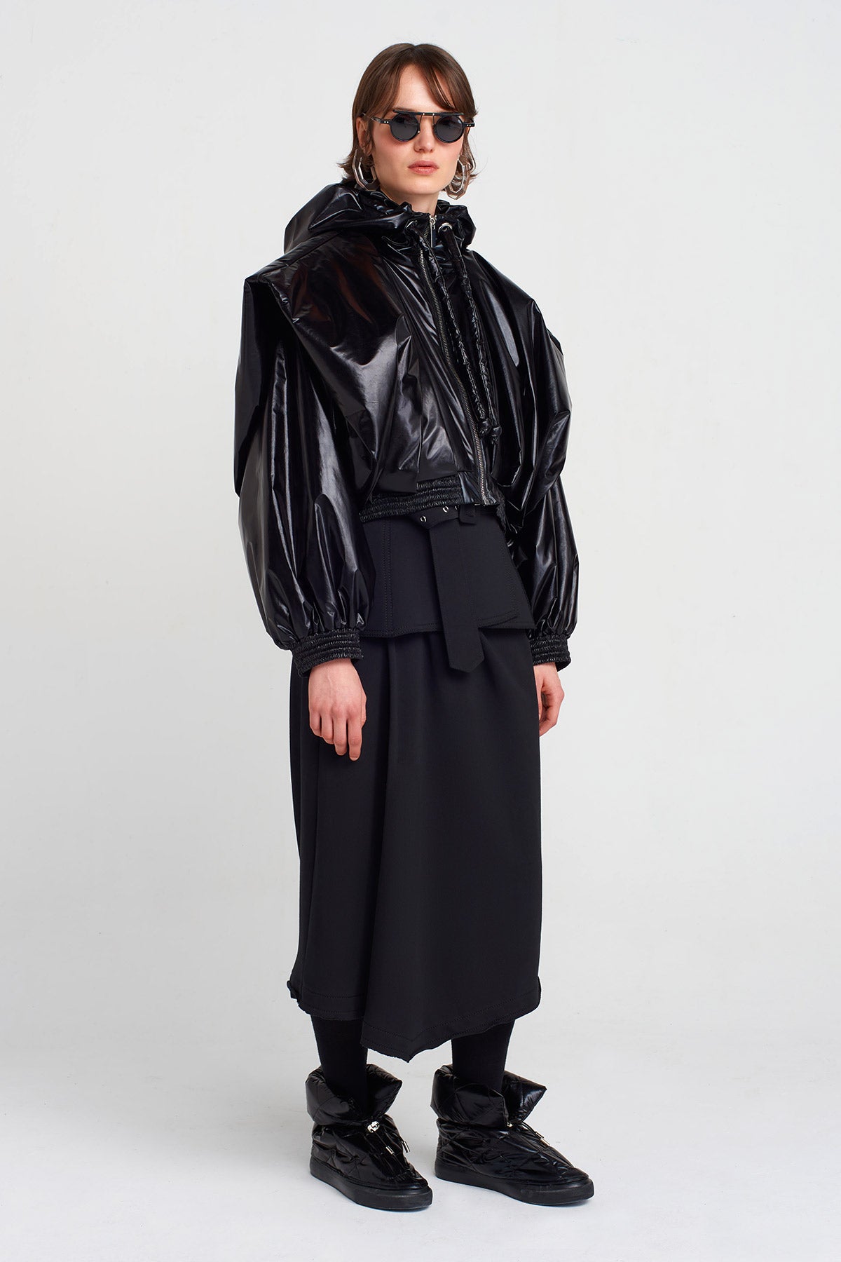 Black Glossy Vinyl Bomber Jacket-K255015029