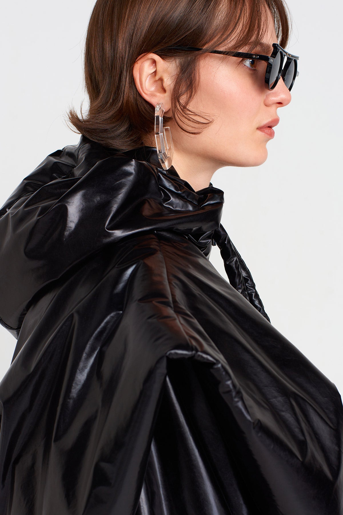 Black Glossy Vinyl Bomber Jacket-K255015029