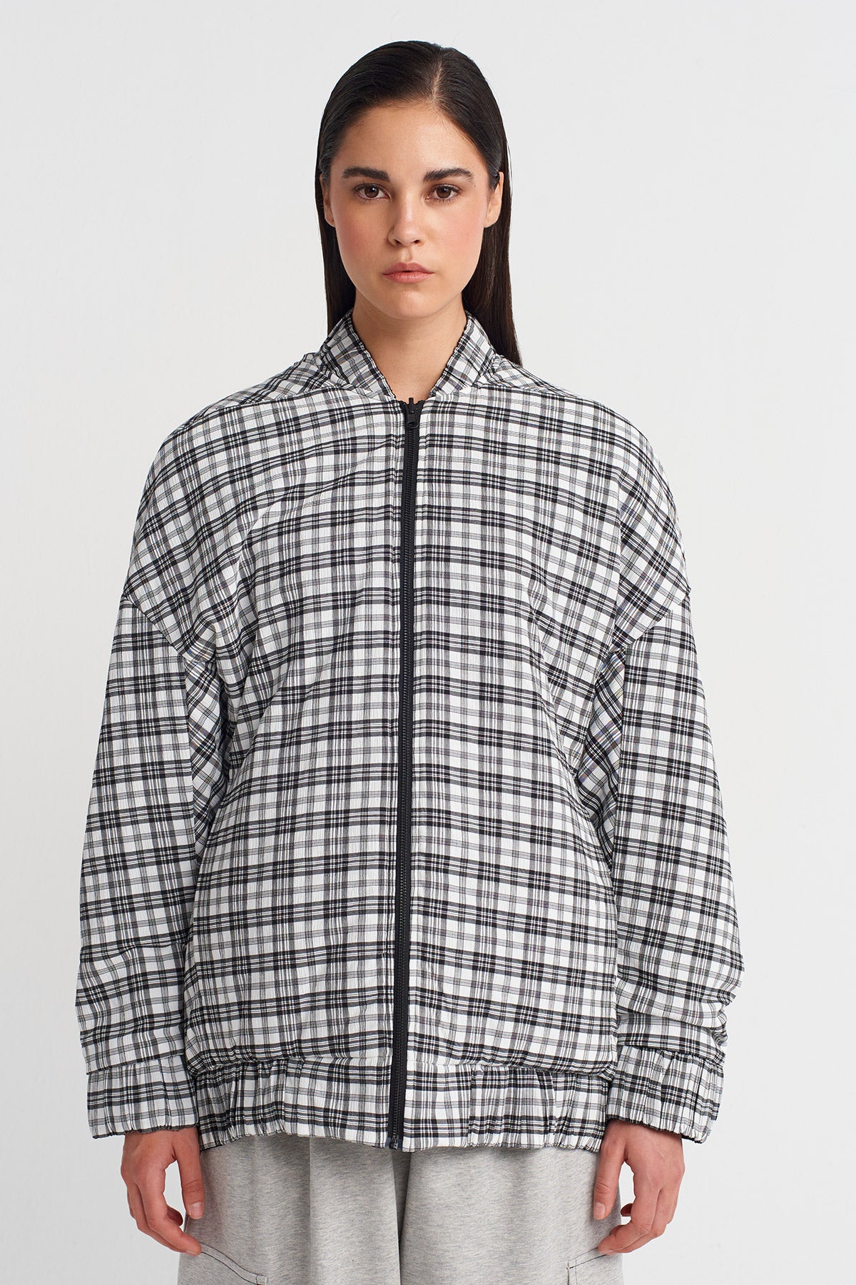 Black/White Plaid Long Bomber Jacket-K255015050