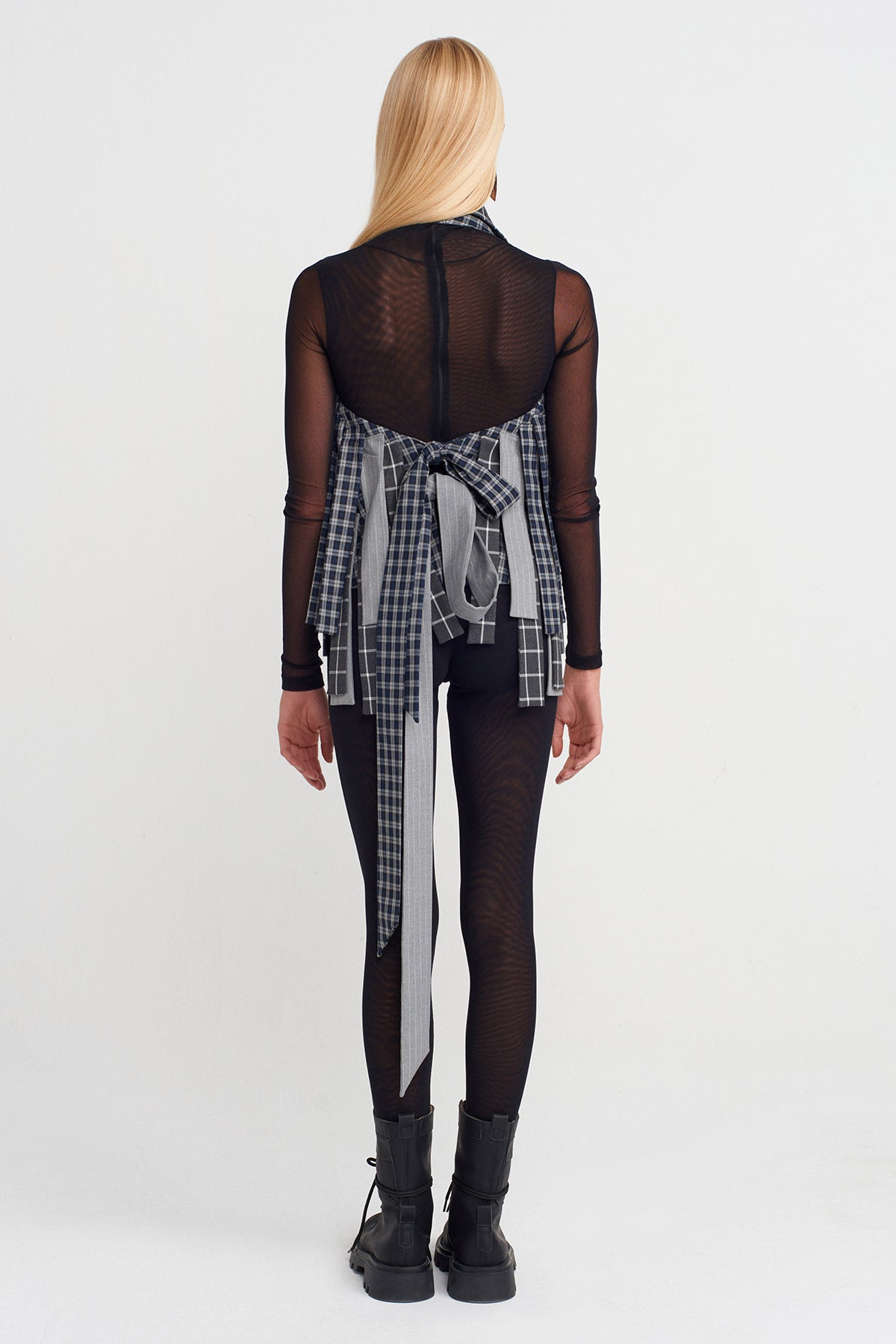 Multicolor Plaid Paneled Jacket with Back Tie-K255015052