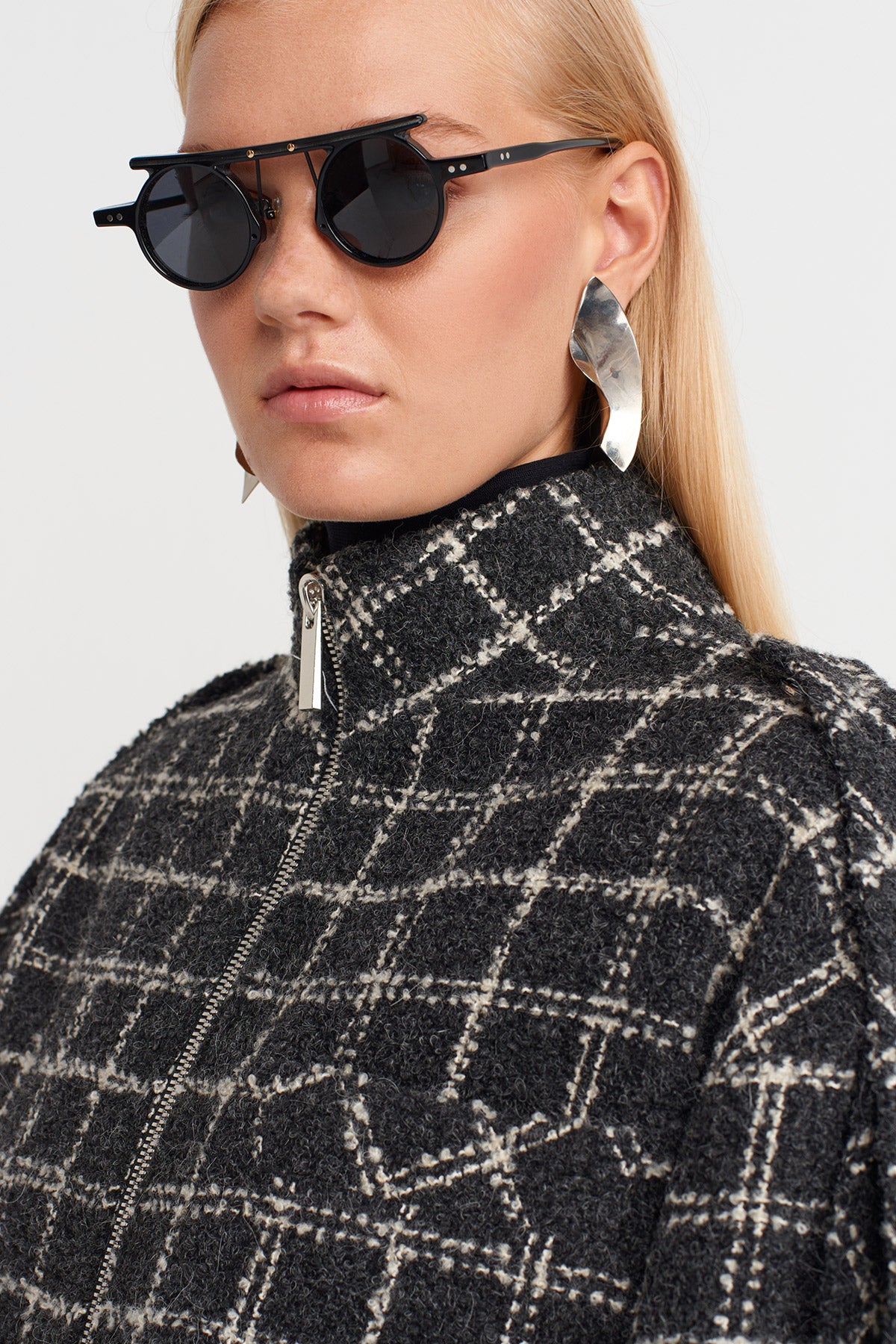 Grey/White Plaid Tweed Jacket-K255015053