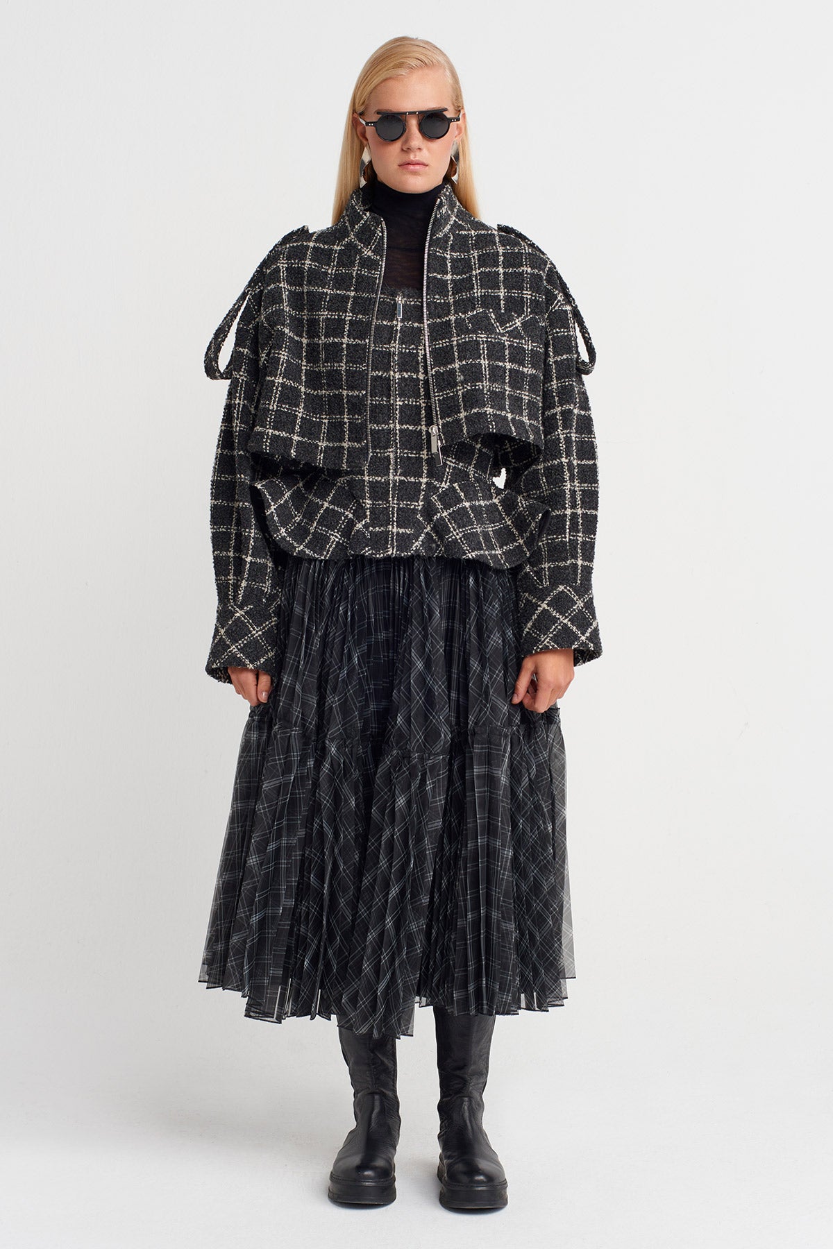 Grey/White Plaid Tweed Jacket-K255015053