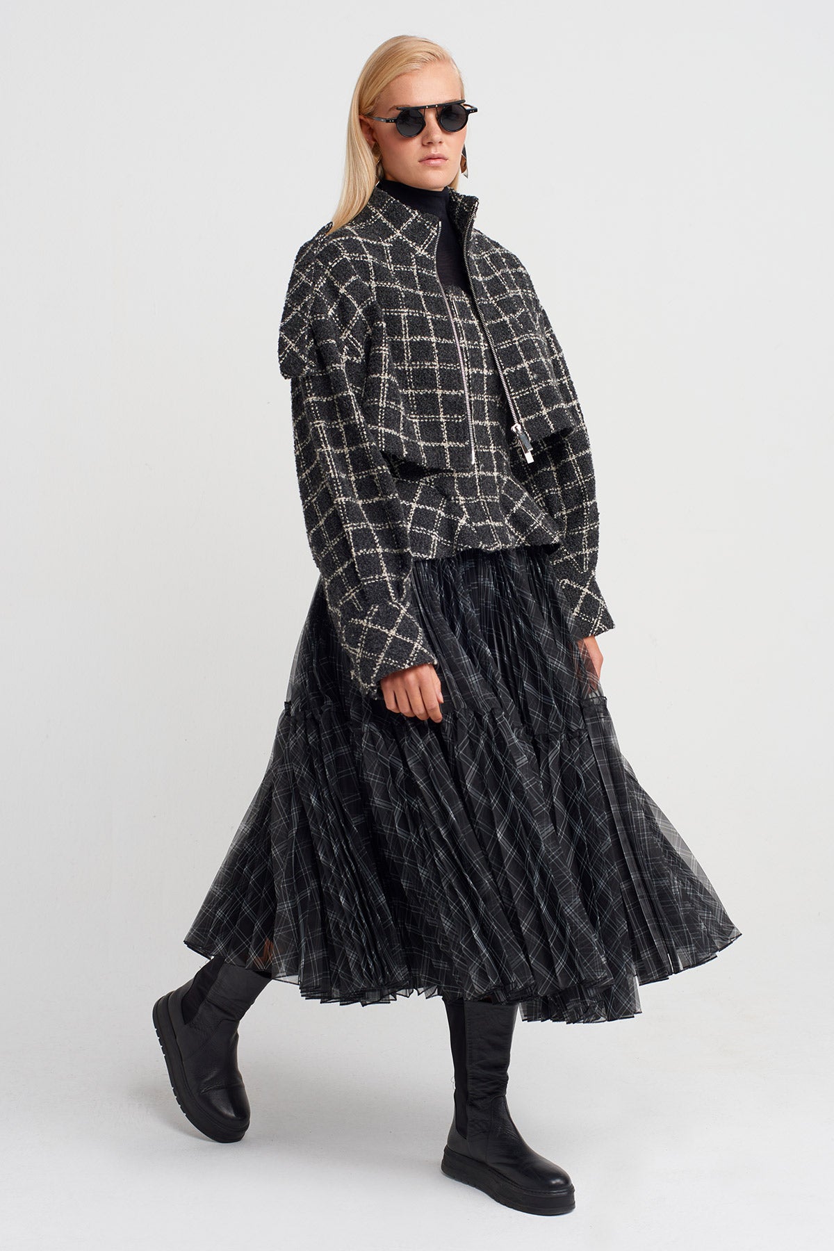 Grey/White Plaid Tweed Jacket-K255015053