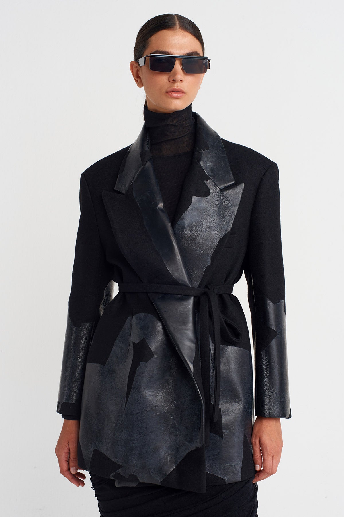 Black Printed Tie-Waist Blazer Jacket-K255015056