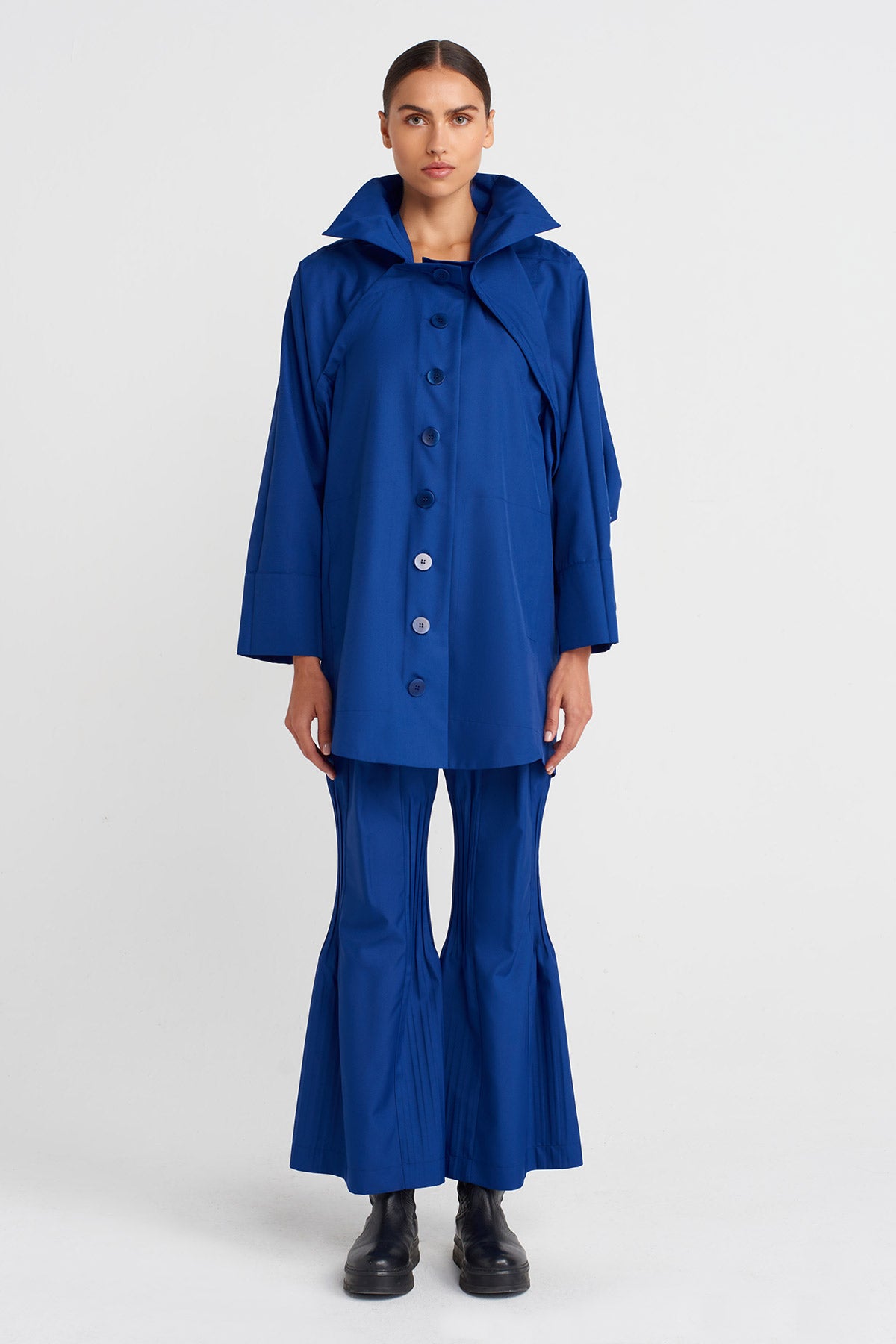 Sea Blue Long Jacket with Regional Pleat Detailing-K255015062