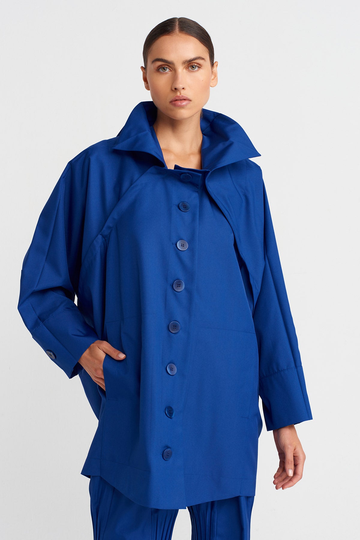 Sea Blue Long Jacket with Regional Pleat Detailing-K255015062