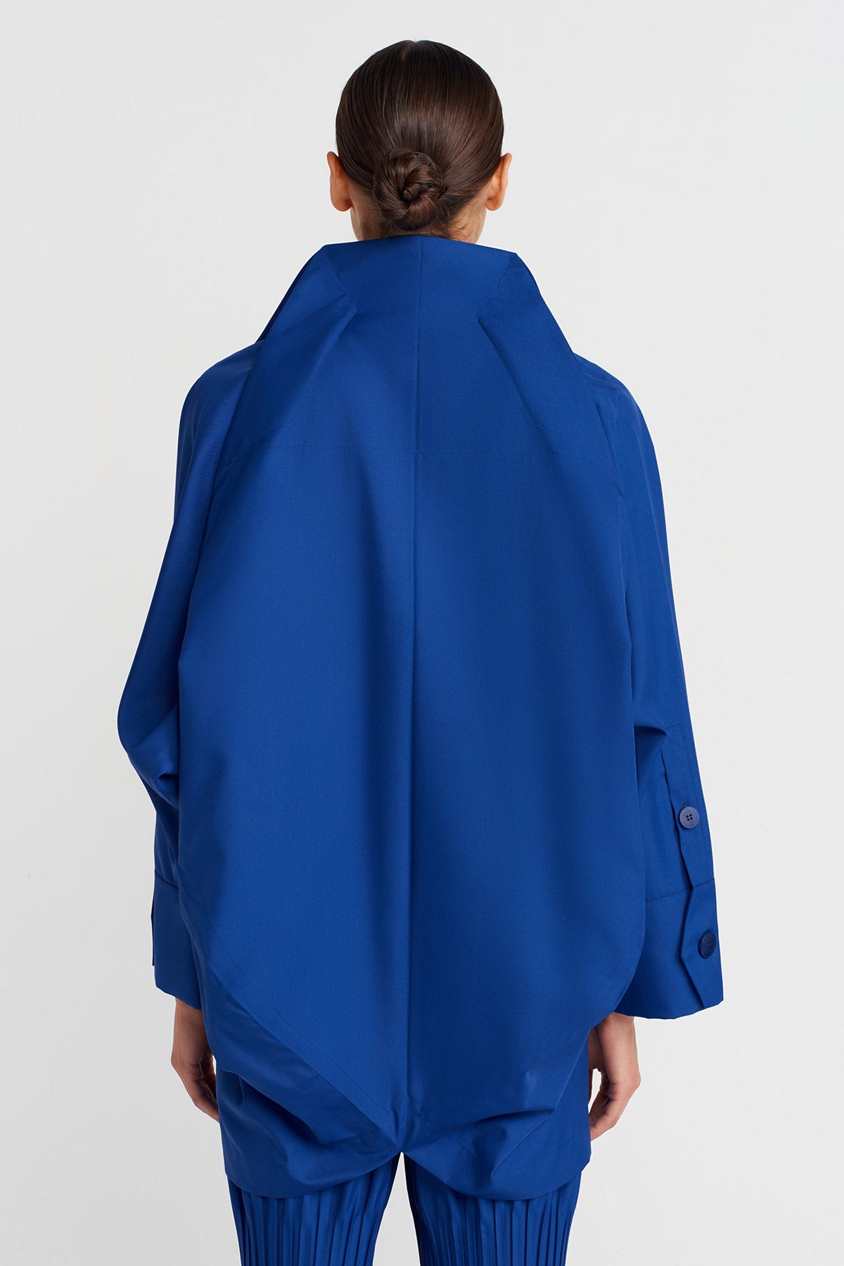 Sea Blue Long Jacket with Regional Pleat Detailing-K255015062