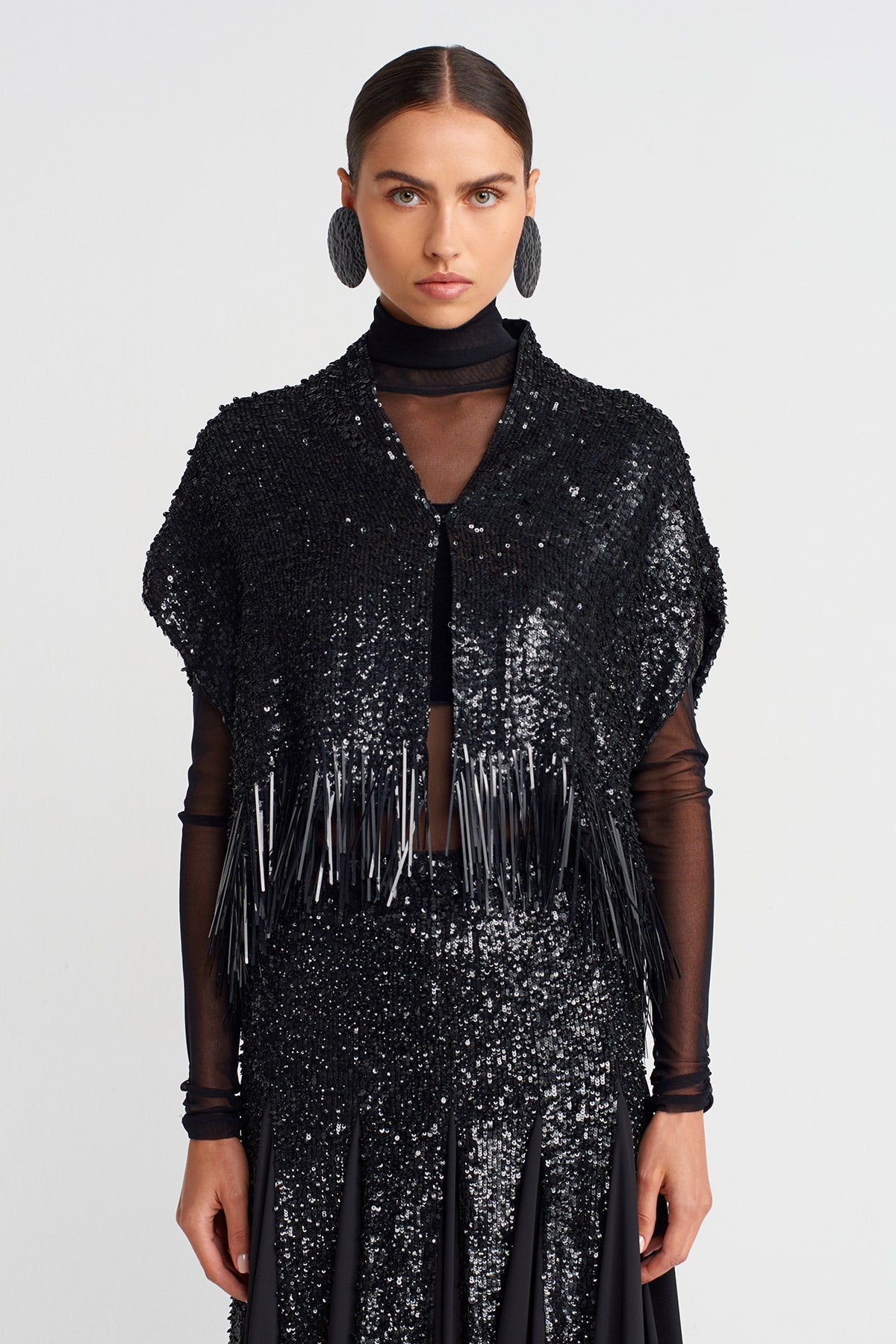 Black Elegant Sequin-Embroidered Jacket-K255015065