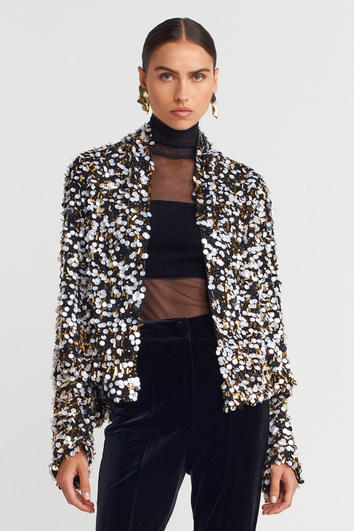 Black Elegant Sequin-Embroidered Jacket-K255015067