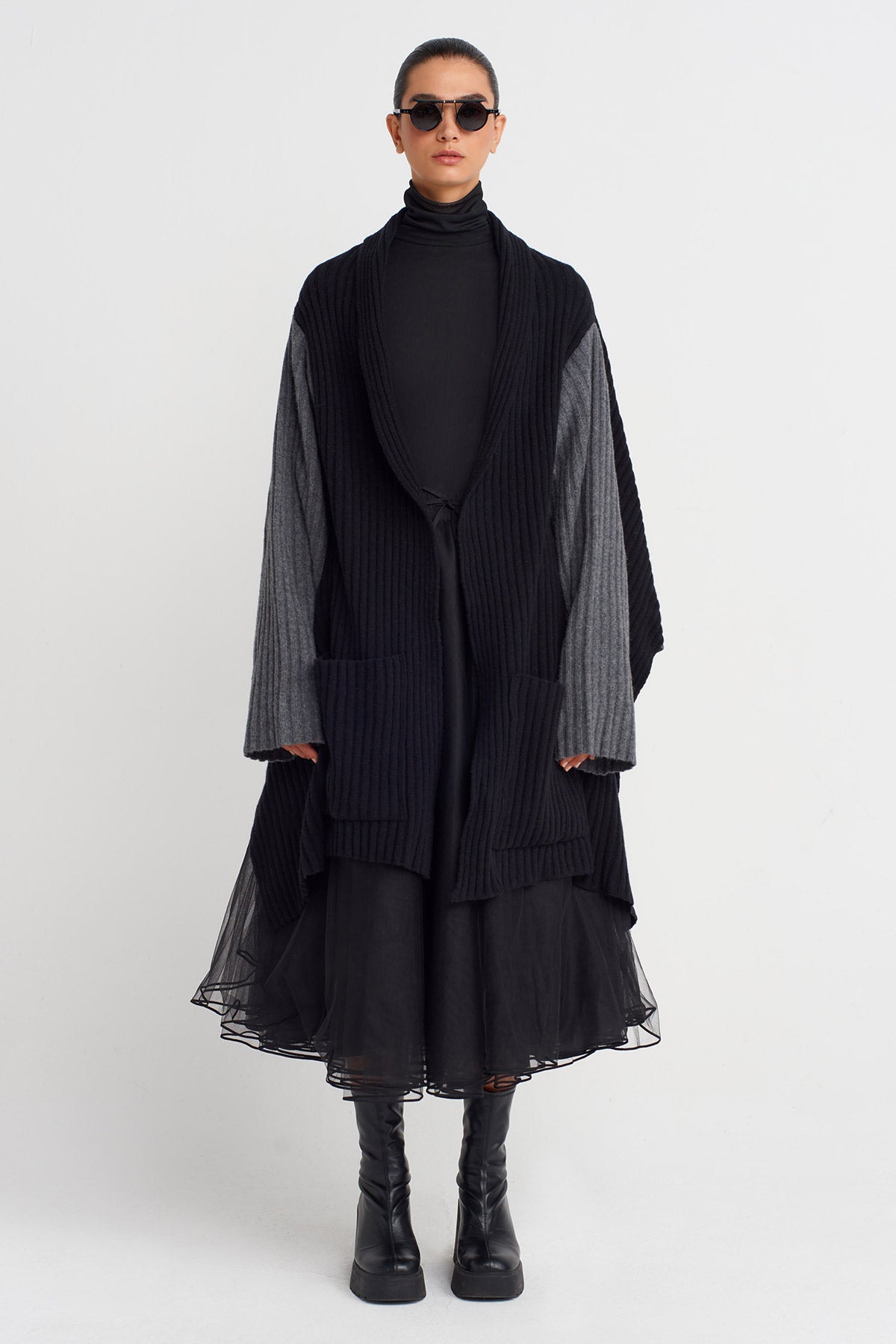 Grey Melange/Black Two-Tone Oversized Knit Cardigan-K255015069