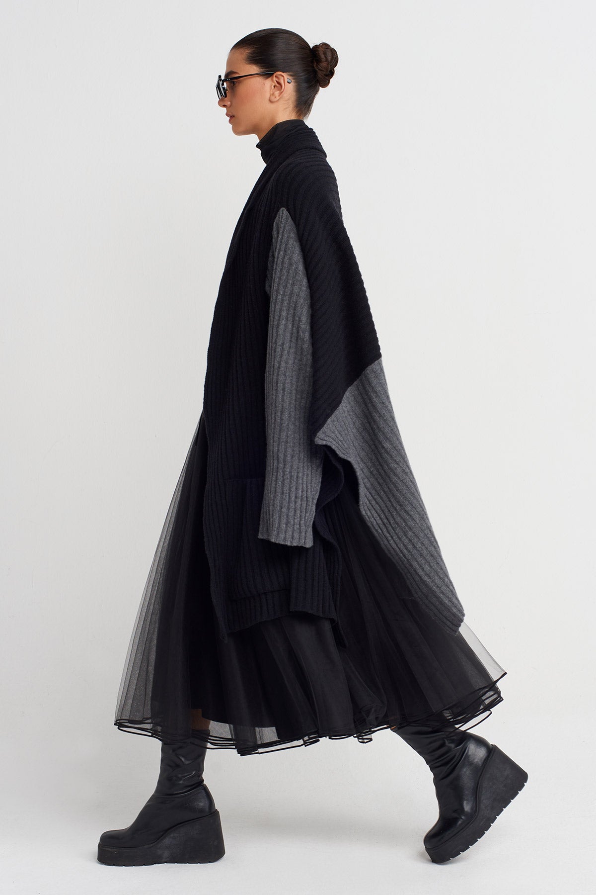 Grey Melange/Black Two-Tone Oversized Knit Cardigan-K255015069