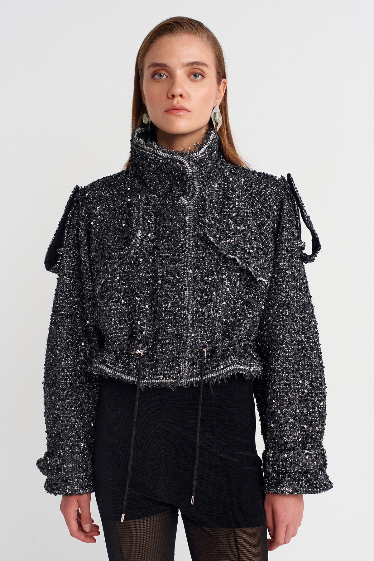 Black/ Off Whıte Sequined Cropped Jacket with Epaulettes-K255015086