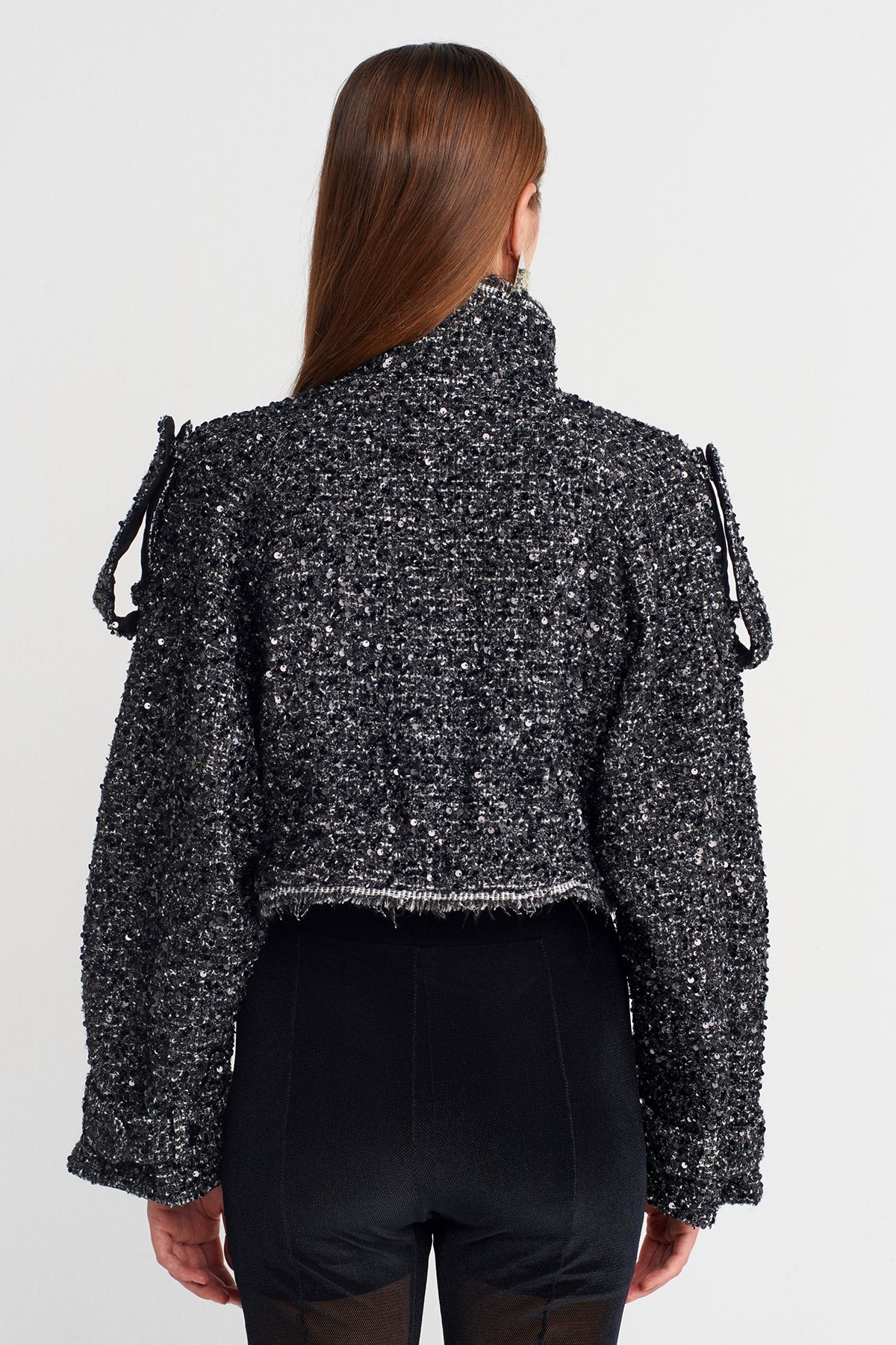 Black/ Off Whıte Sequined Cropped Jacket with Epaulettes-K255015086