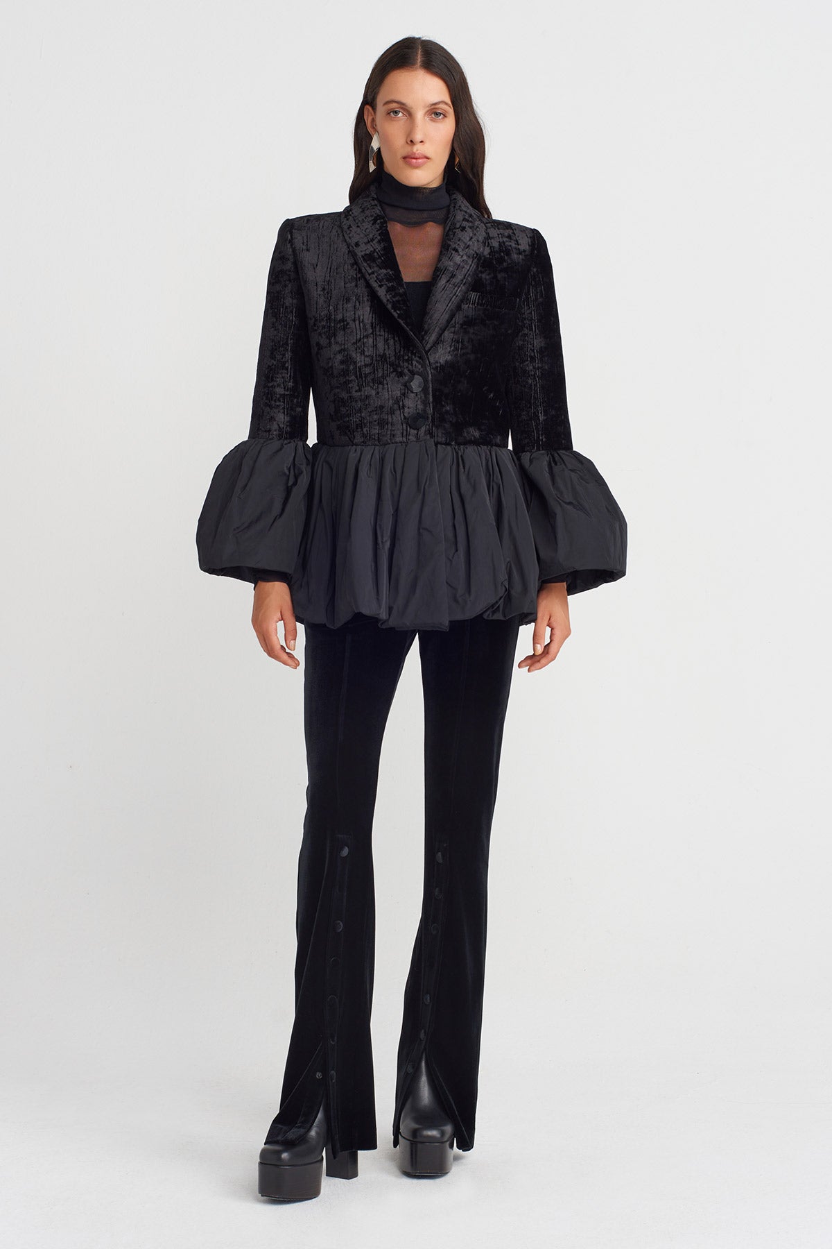 Black Ribbed Velvet Flared Jacket-K255015088