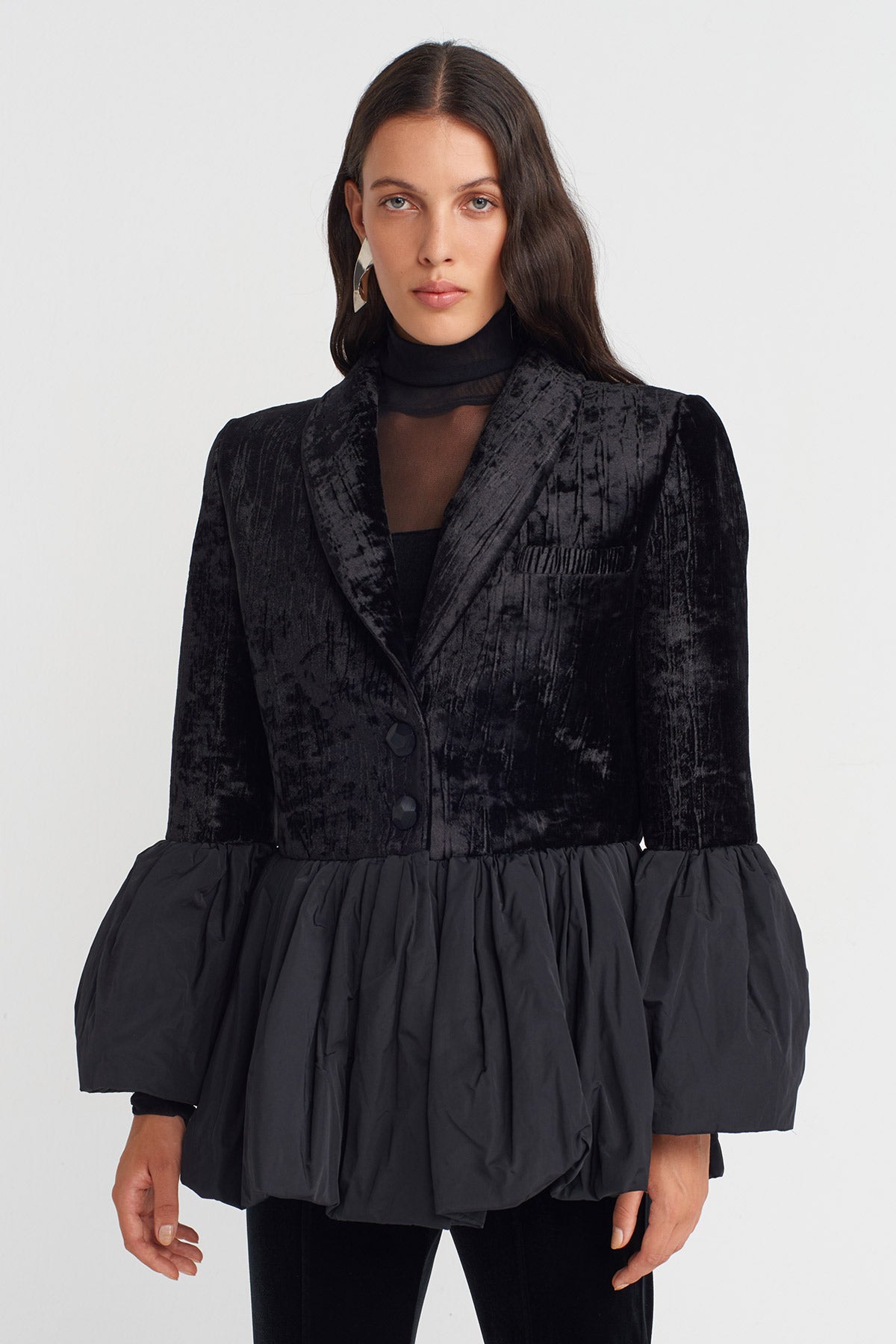 Black Ribbed Velvet Flared Jacket-K255015088