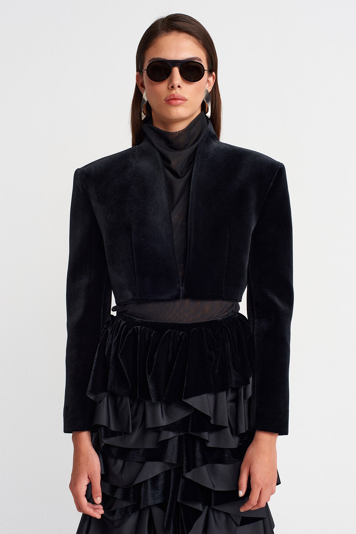 Black Cropped Velvet Jacket-K255015094
