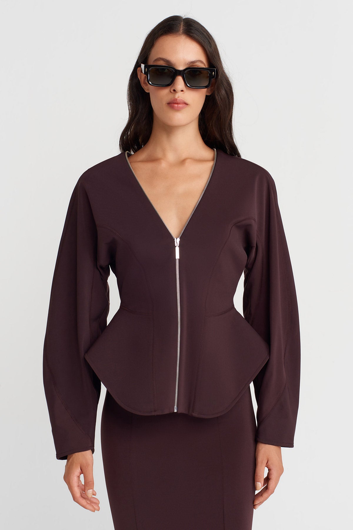 Dark Purple Fitted Jersey Jacket with Zipper-K255015103