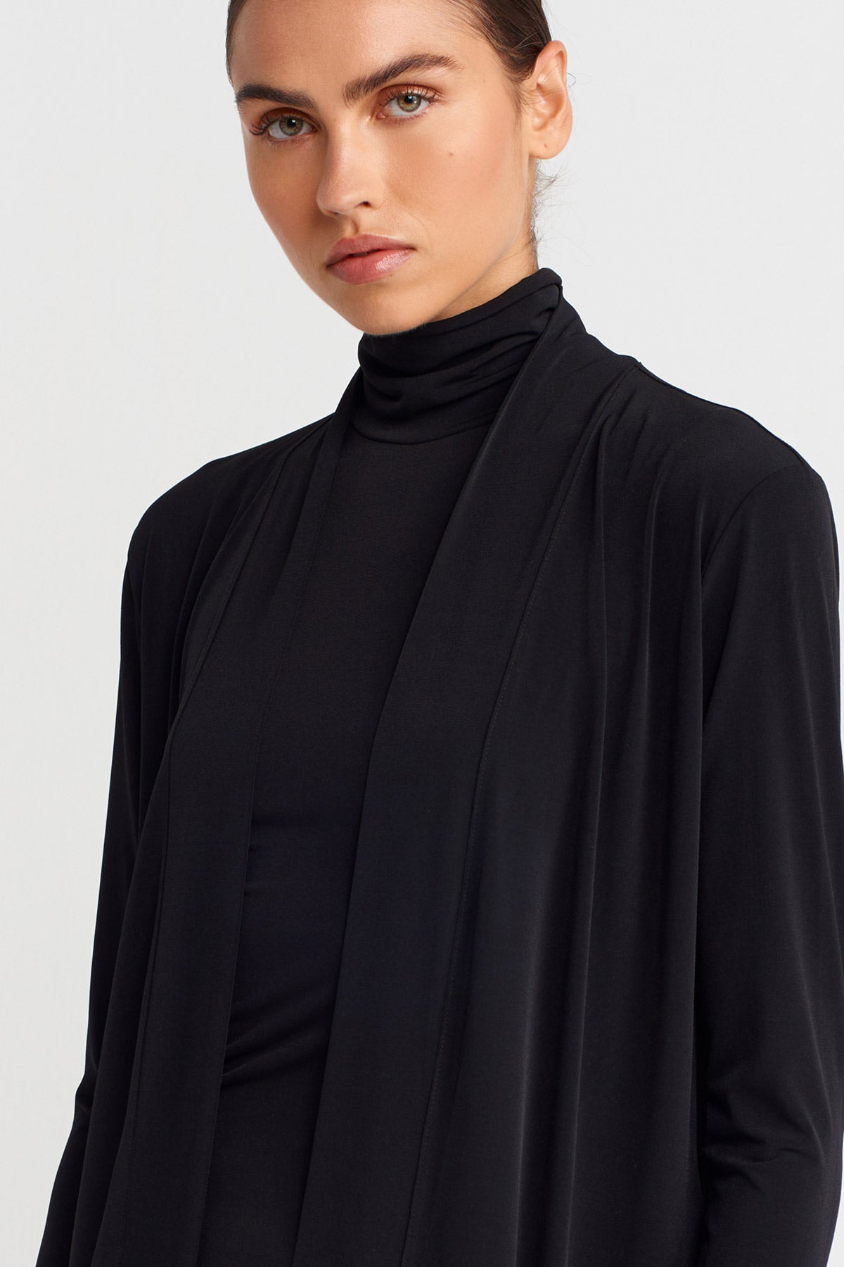 Black Long Jersey Cardigan with Back Slit-K255015104